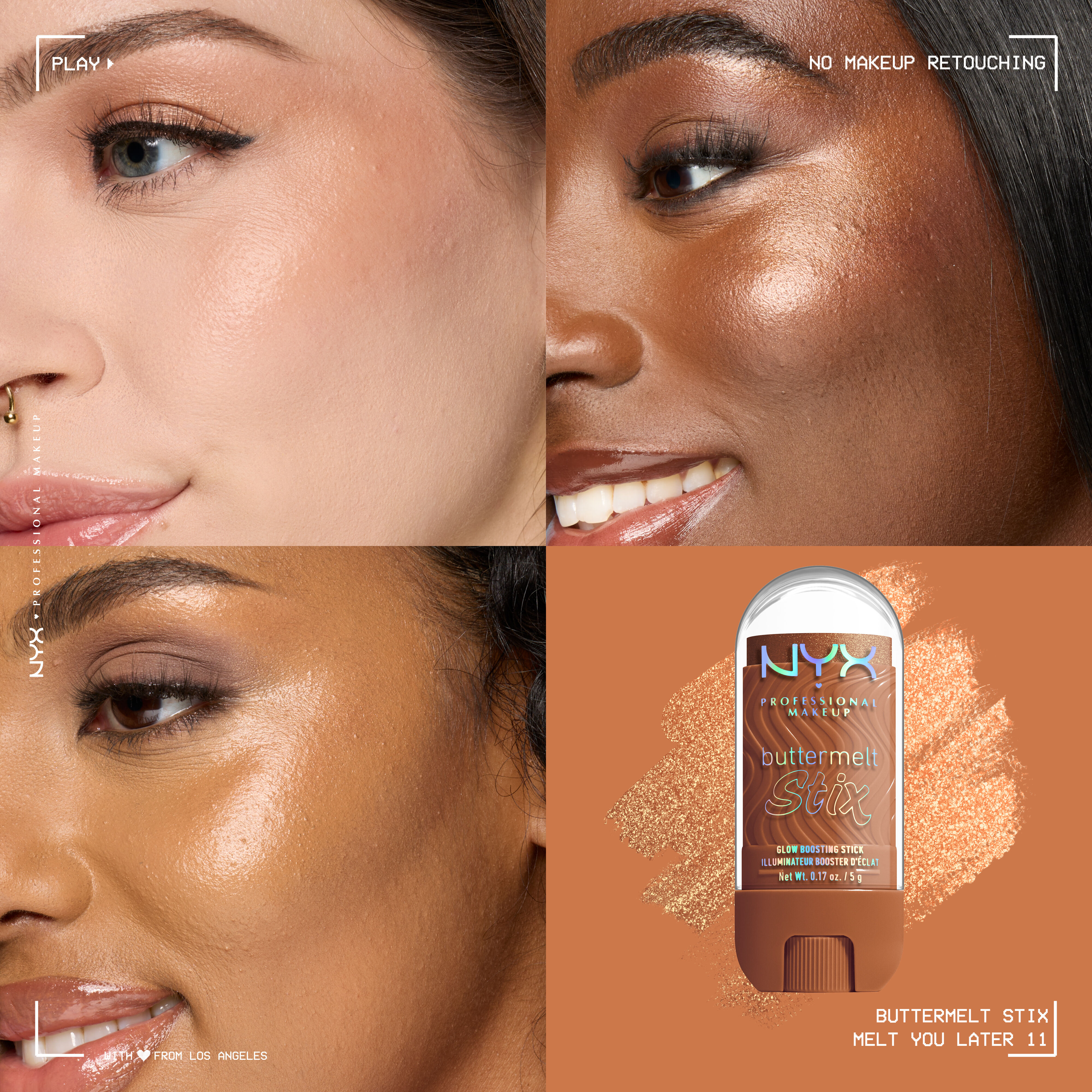 Three models with light, medium, and deep skin tones wearing NYX Buttermelt Stix Melt You Later 11, “No Makeup Retouching” text overlay