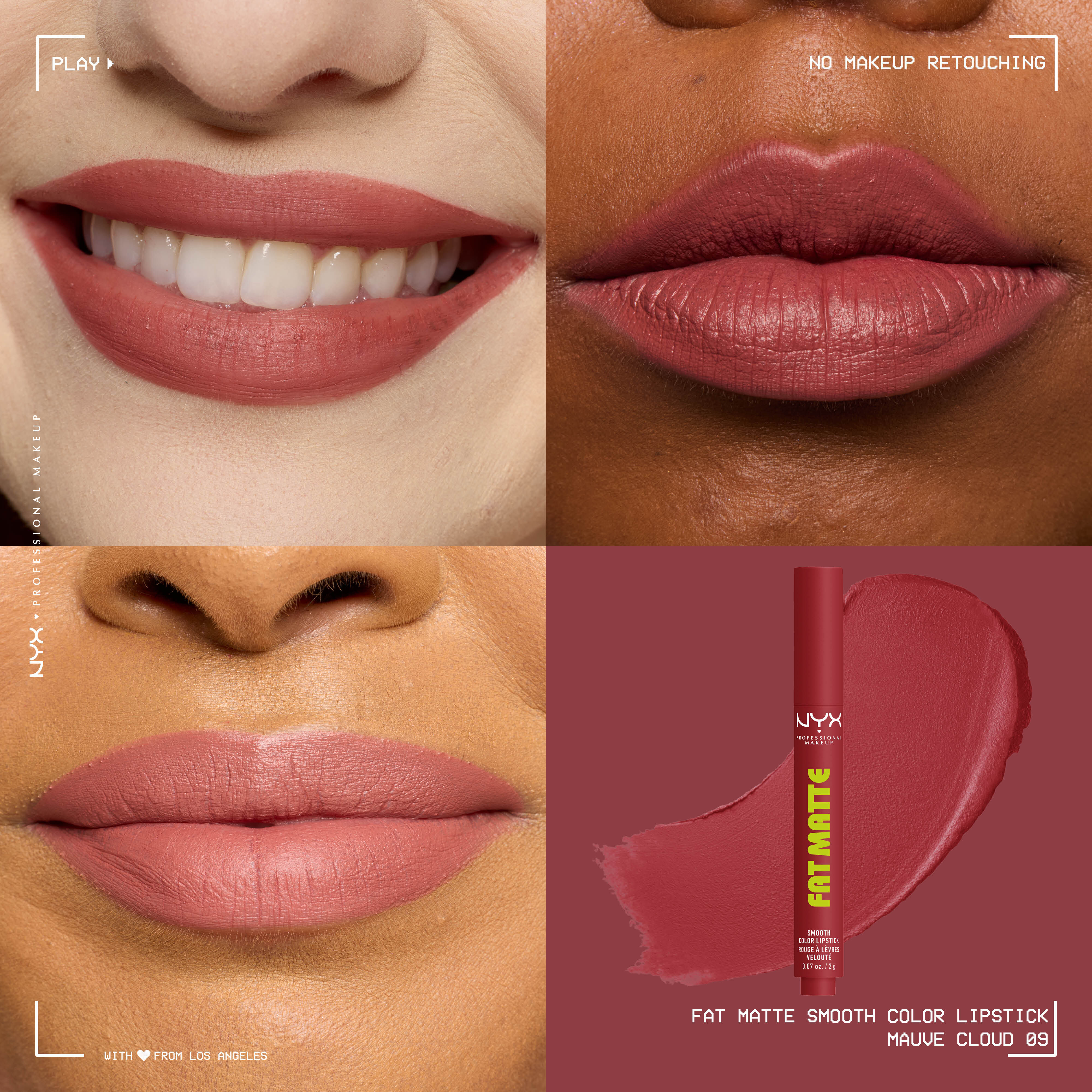 Four-panel grid showing NYX Professional Makeup Fat Matte Smooth Color Lipstick in shade Mauve Cloud on three diverse skin tones with a smooth, non-cakey matte finish, alongside the click-pen packshot and shade swatch.