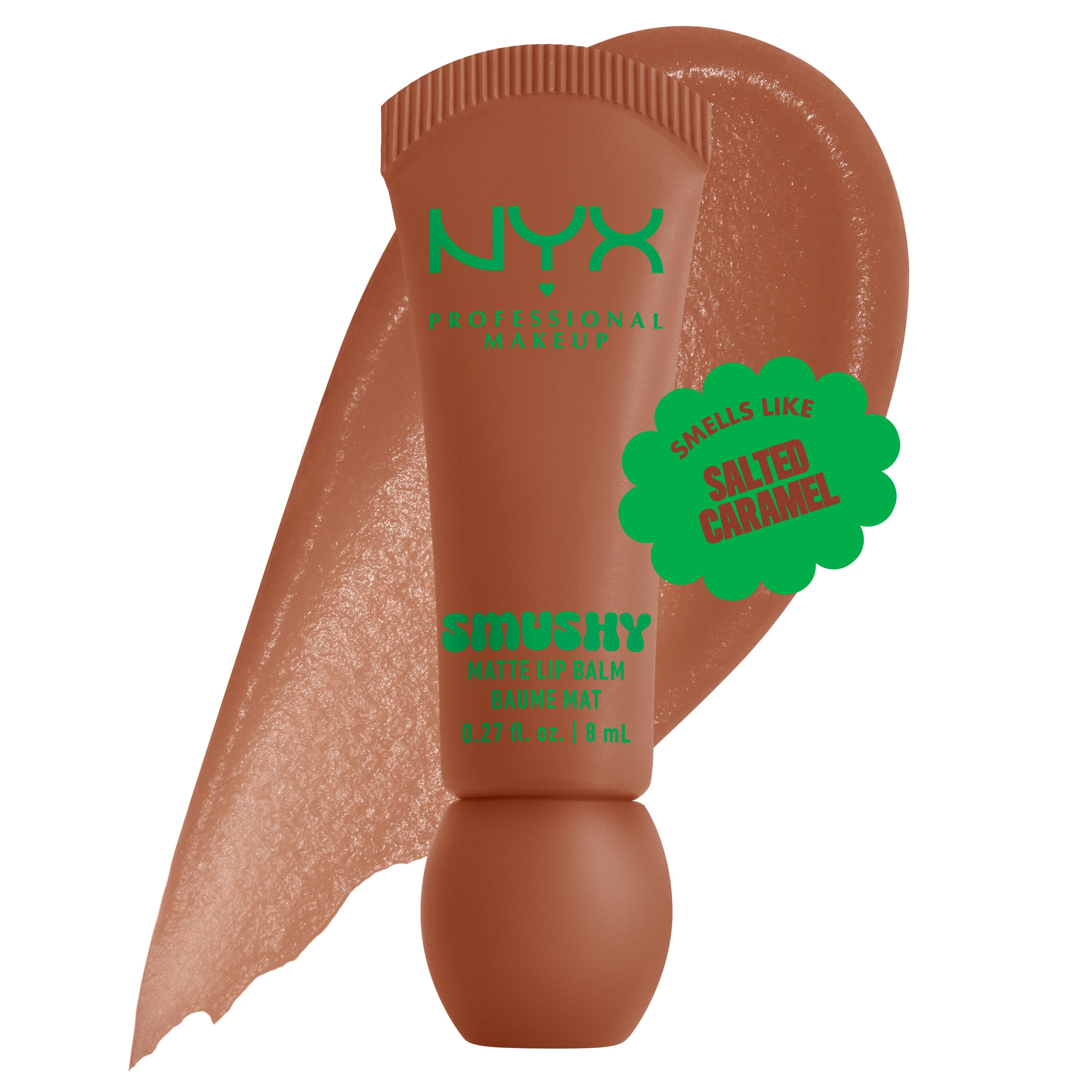 Smushy Matte Lip Balm in soft nude shade, Soft Smile, on white background with lip balm color swatch