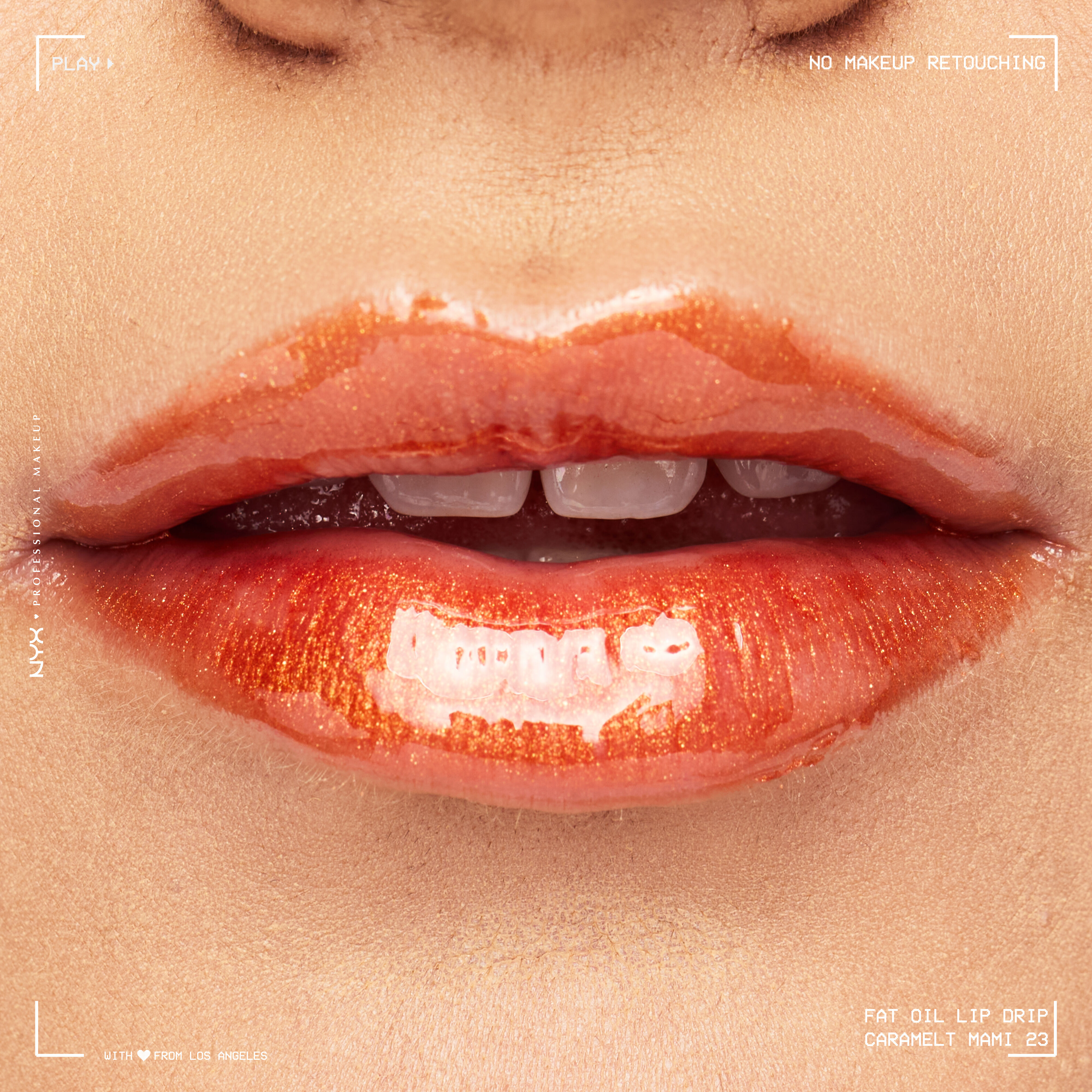 NYX Professional Makeup Fat Oil Lip Drip in Caramelt Mami applied on lips, showing glossy bronze shimmer finish with high shine and hydration on medium skin tone.