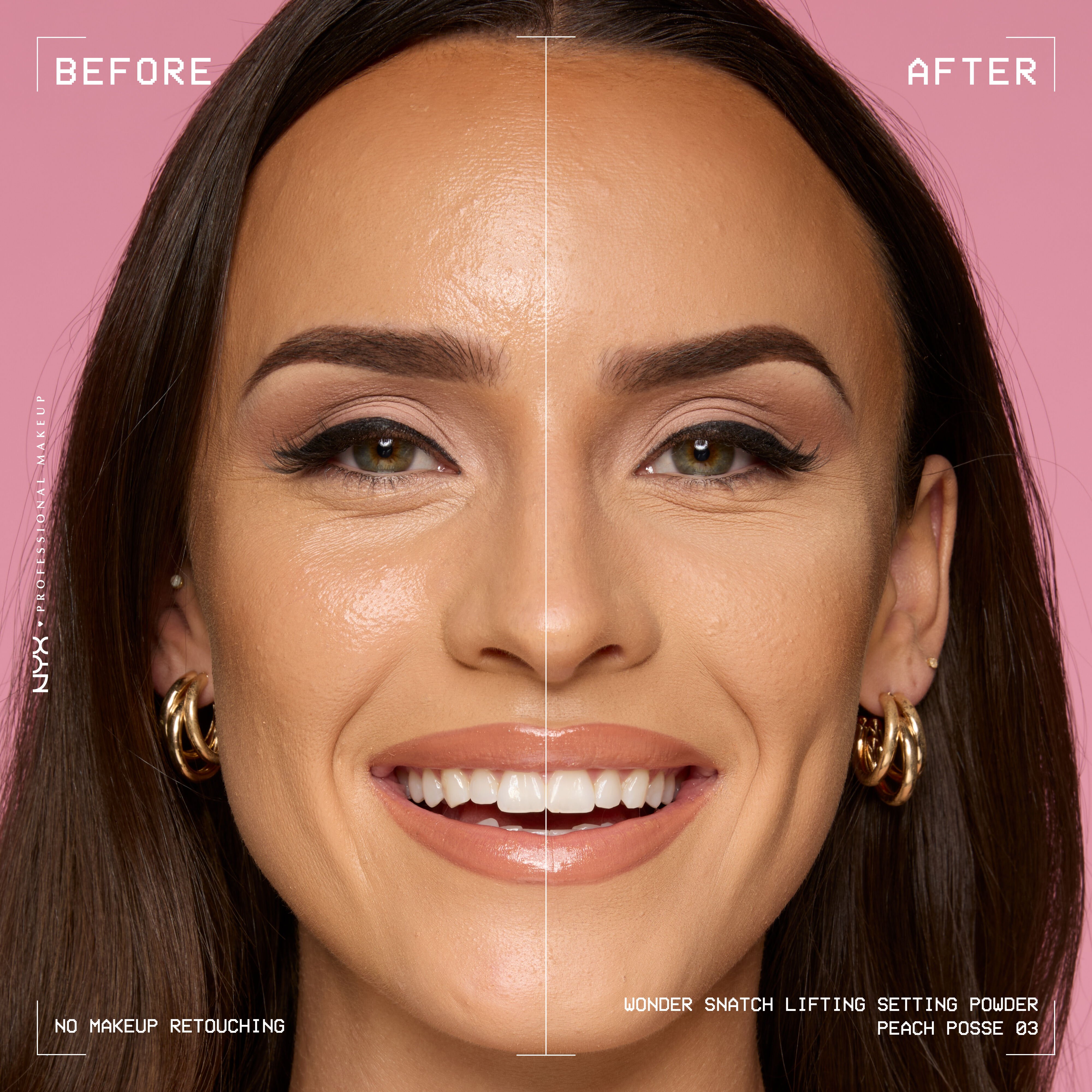 Smiling model before and after applying Wonder Snatch Loose Setting Powder in brightening peach shade Peach Posse
