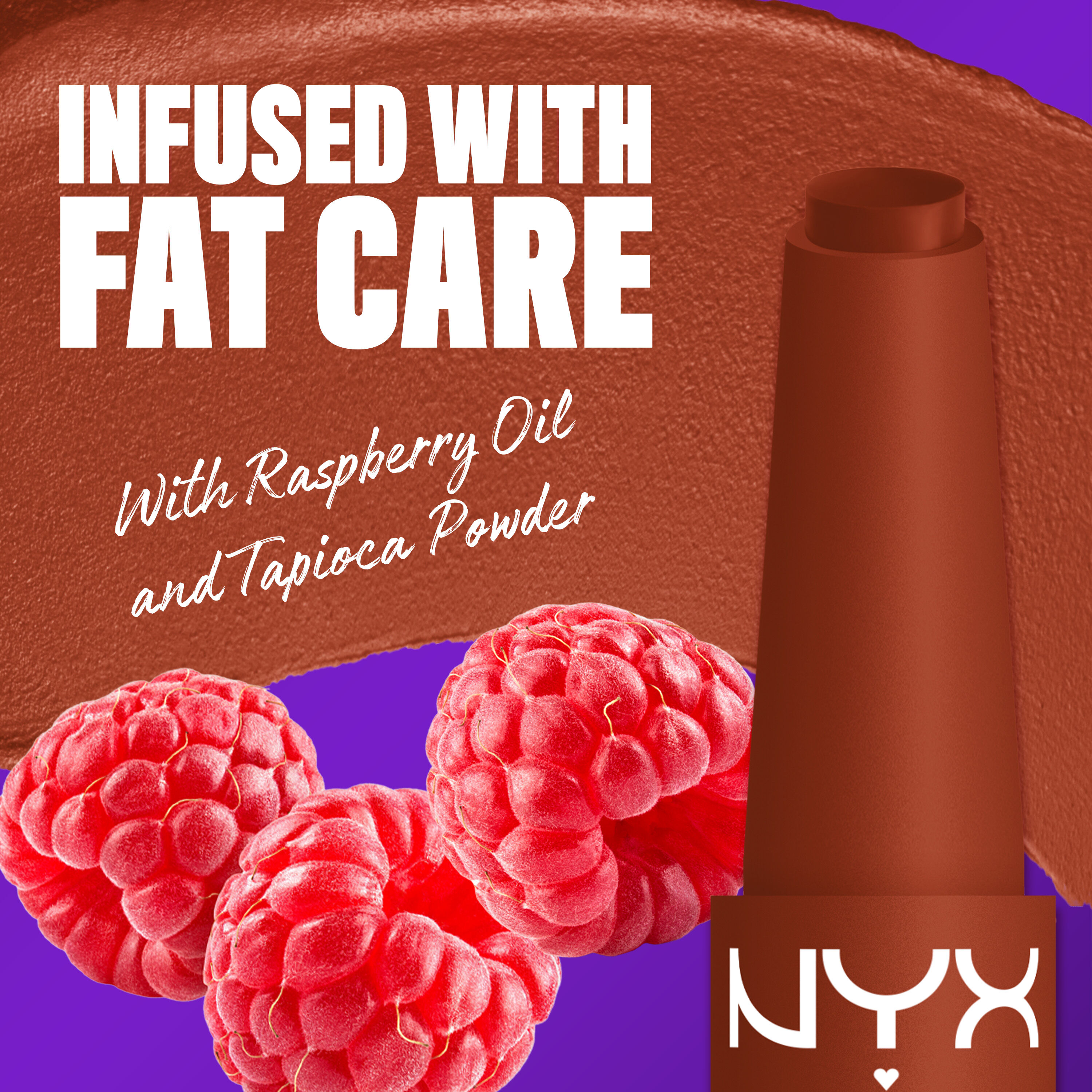 NYX Professional Makeup Fat Matte Smooth Color Lipstick infused with raspberry oil and tapioca powder for soft, smooth creamy matte lip color.