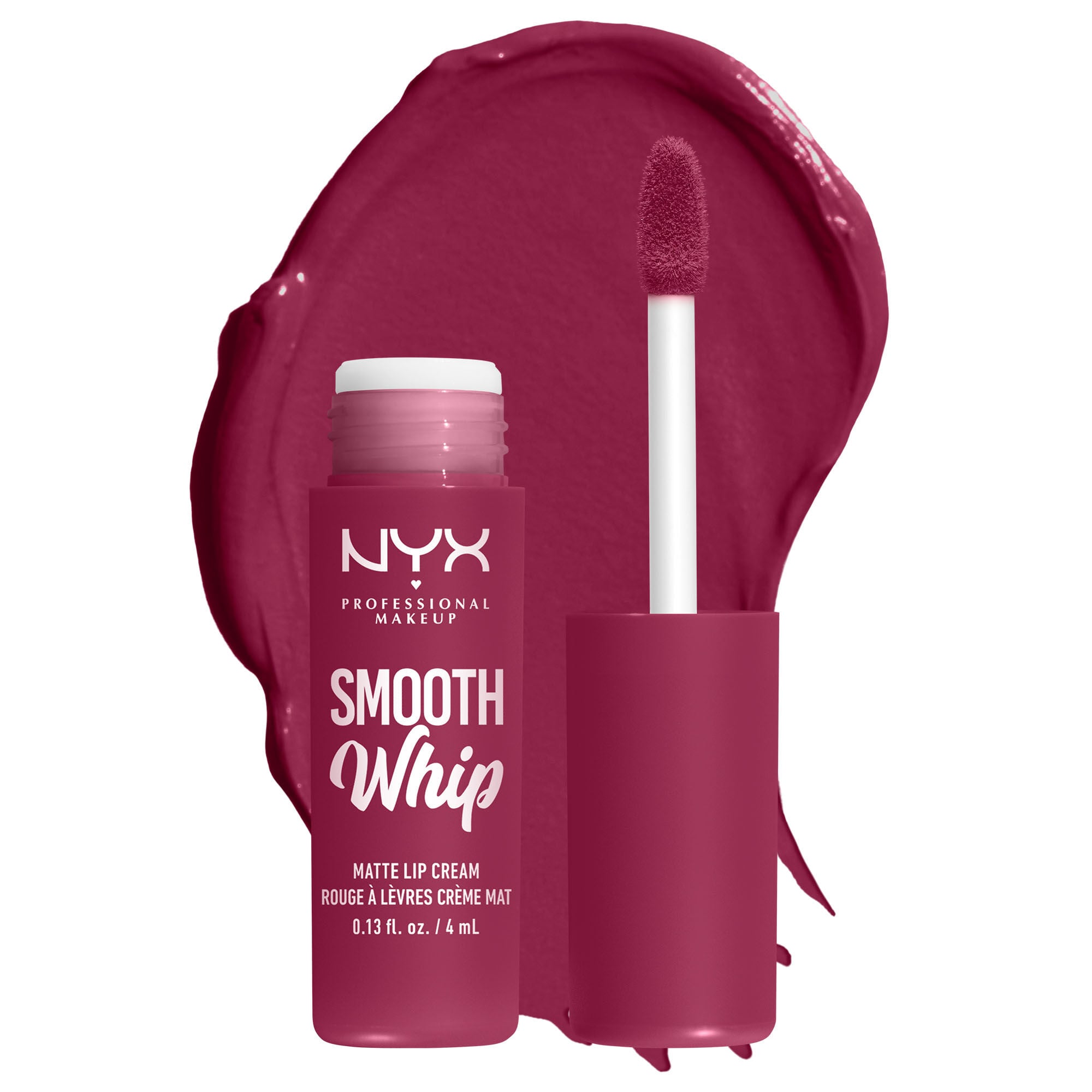 Smooth Whip Matte Lip Cream open tube on white background & dark green blue lip cream smear
