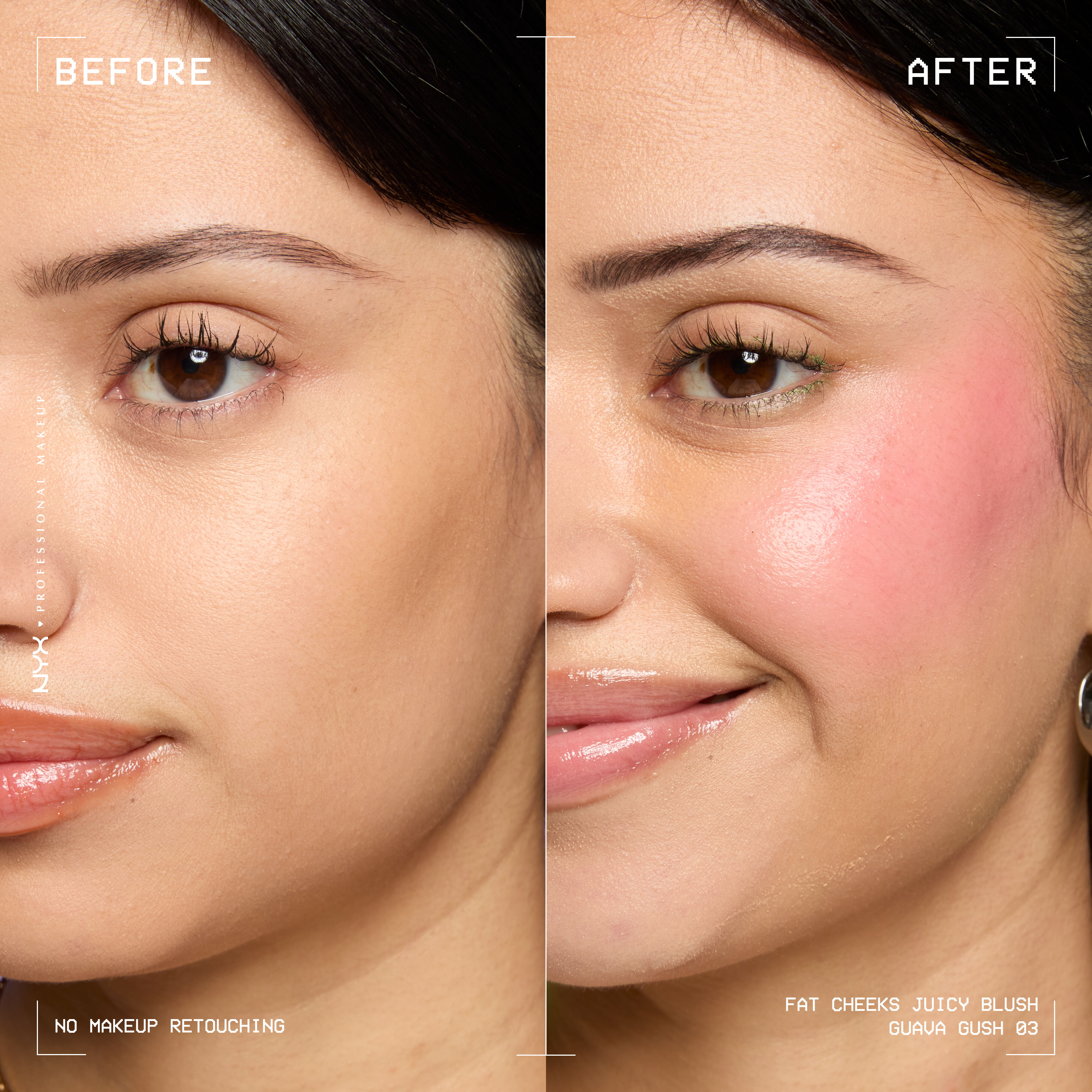 Model before and after applying Fat Cheeks liquid blush in shade Guava Gush