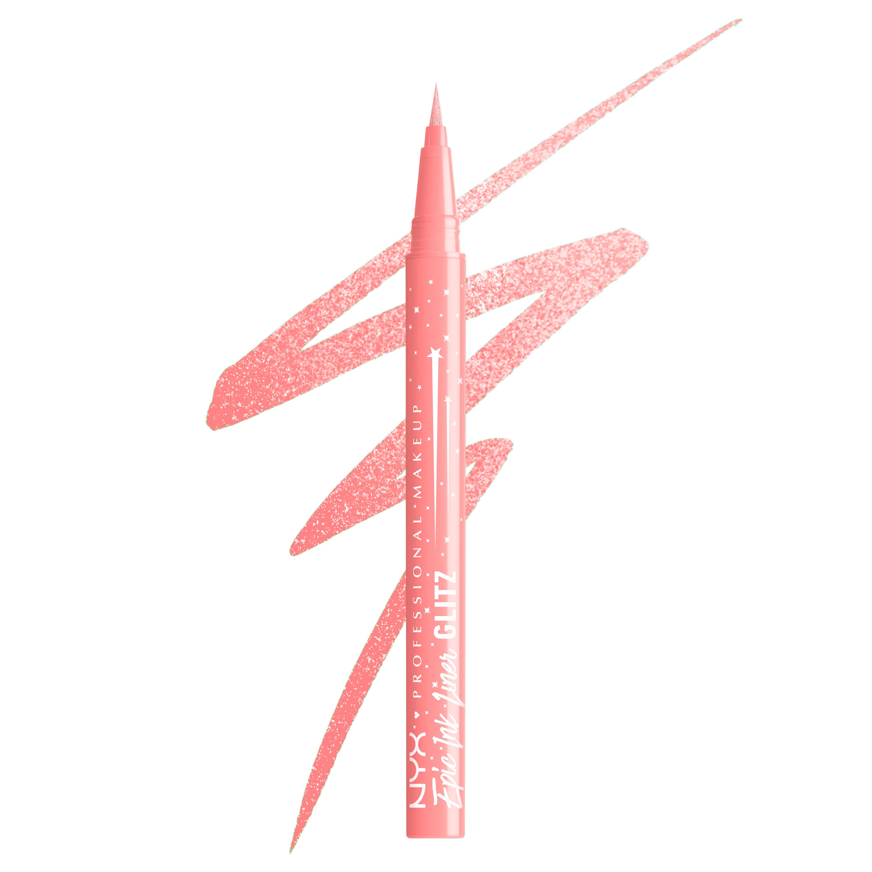 Epic Ink Waterproof Liquid Eyeliner packshot in shade Bootcut Bling with shimmer bubblegum pink squiggle in background