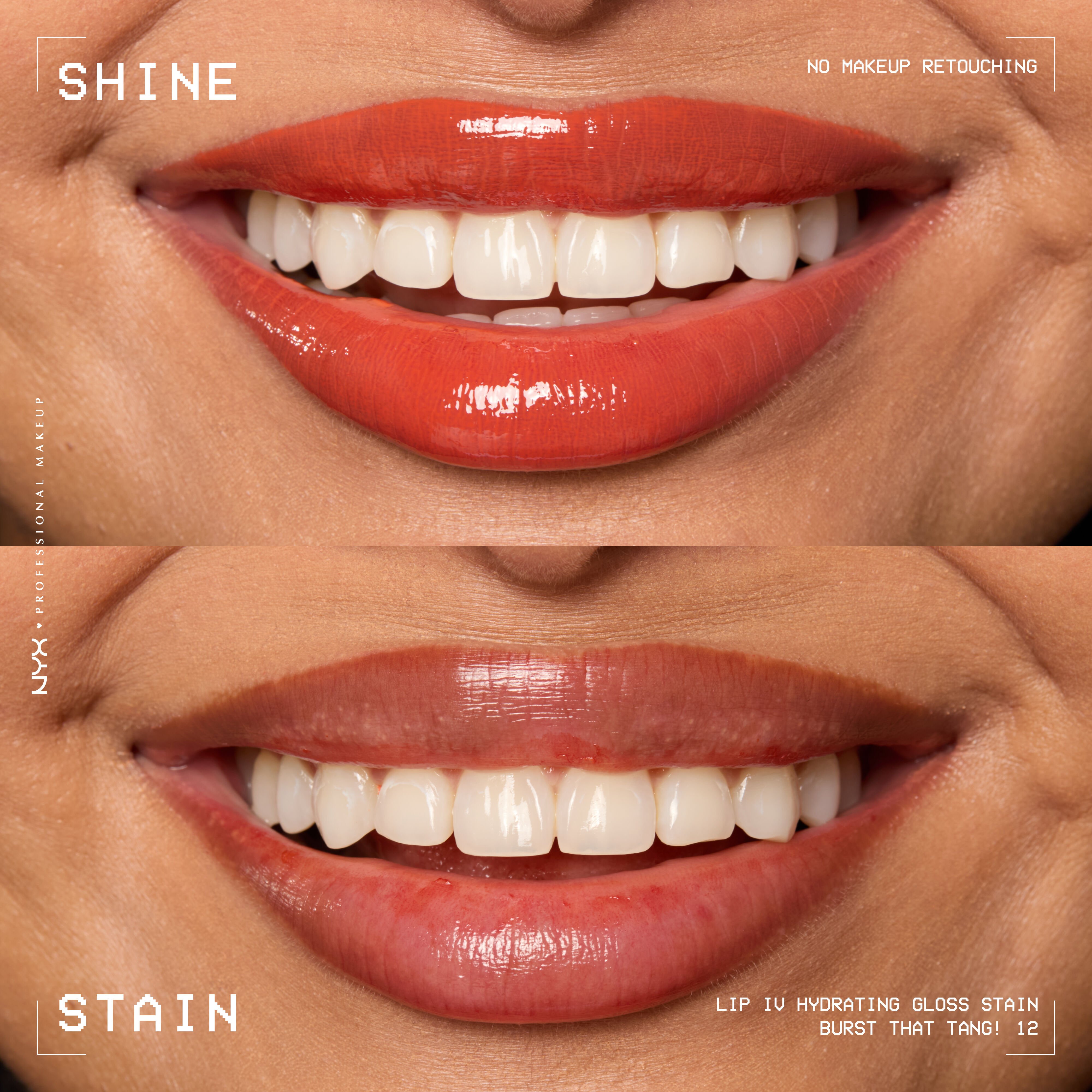 comparison of lips when glossy from Lip I.V. Hydrating Lip Stain vs after staining labeled “Shine” and “Stain”