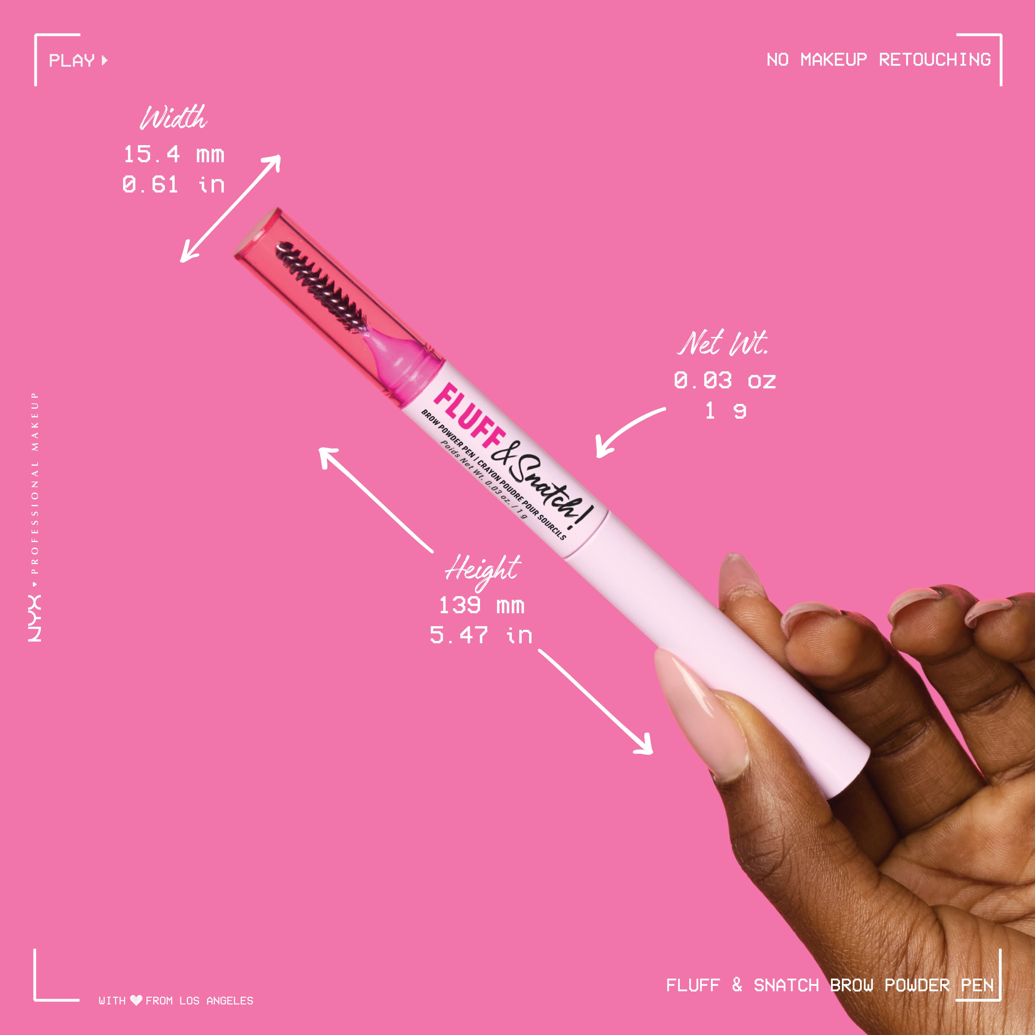 Hand holding NYX Professional Makeup Fluff and Snatch Brow Powder Pen, pink background with measurement lines.
