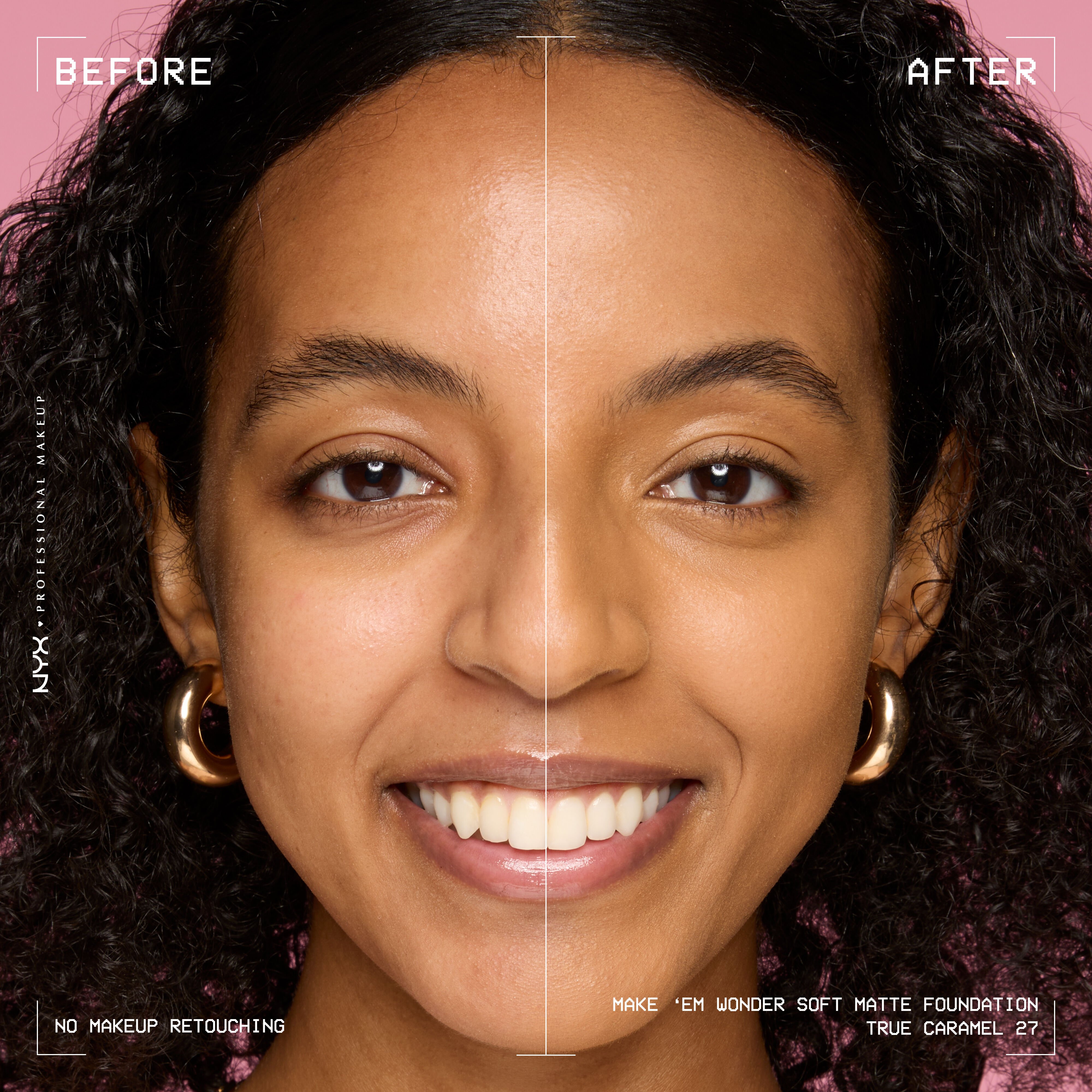 Before-and-after model wearing NYX Make ’Em Wonder Foundation shade 27 True Caramel, text overlay “Before / After.”
