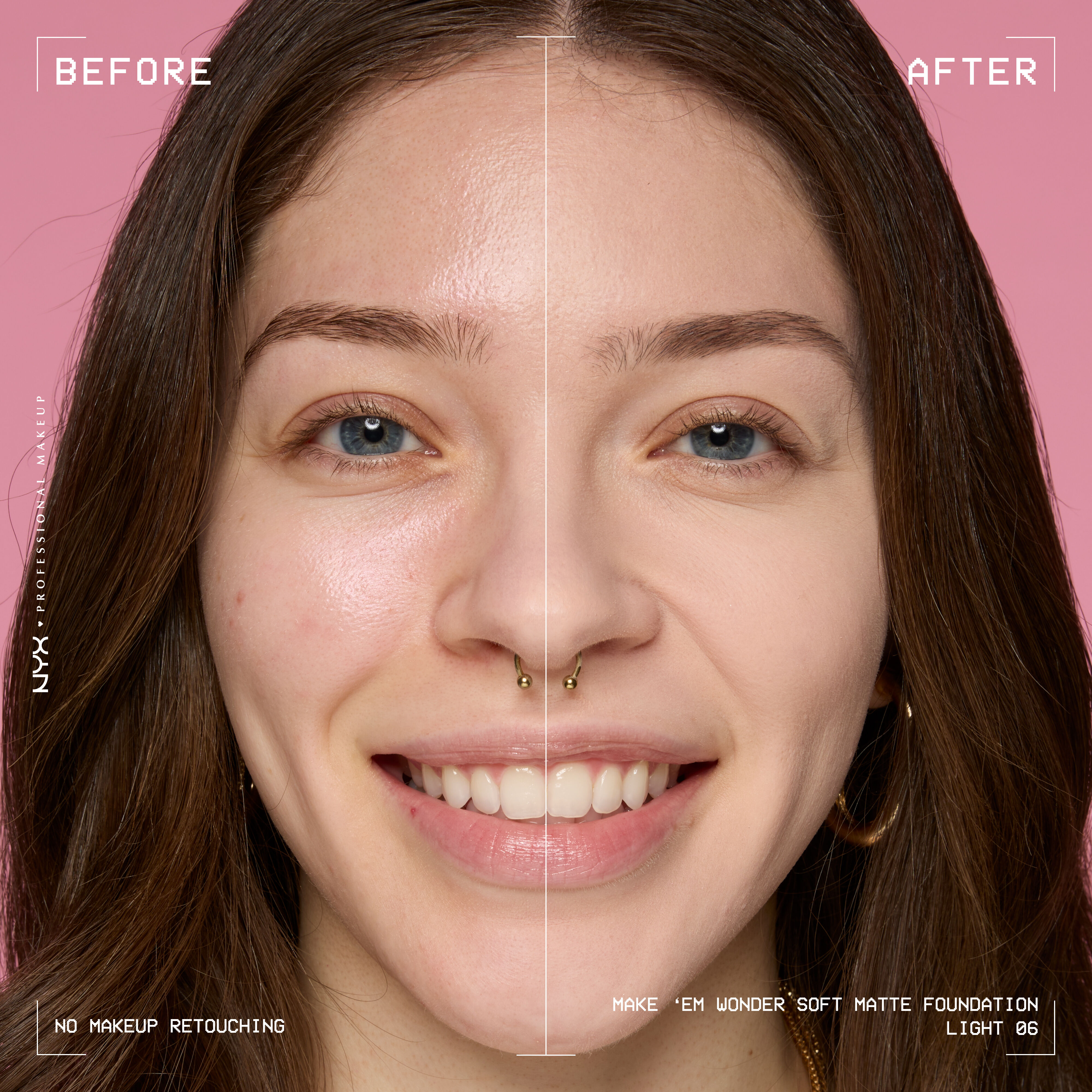 Before-and-after model wearing NYX Make ’Em Wonder Foundation shade 06 Light, text overlay “Before / After.”