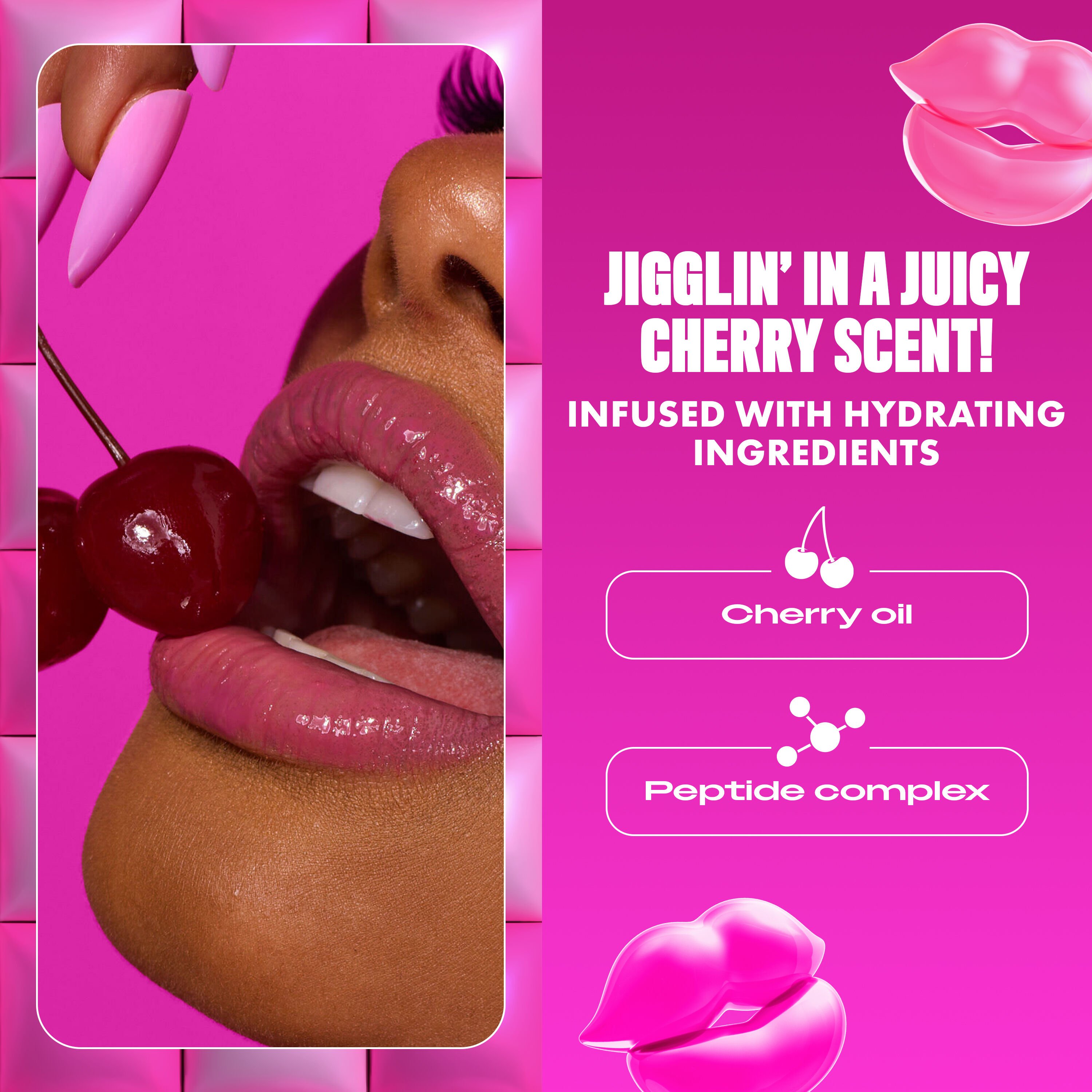 Model holding cherries next to text on Jelly Job Jelly Lip Gloss' cherry scent and cherry oil & peptide complex ingredients