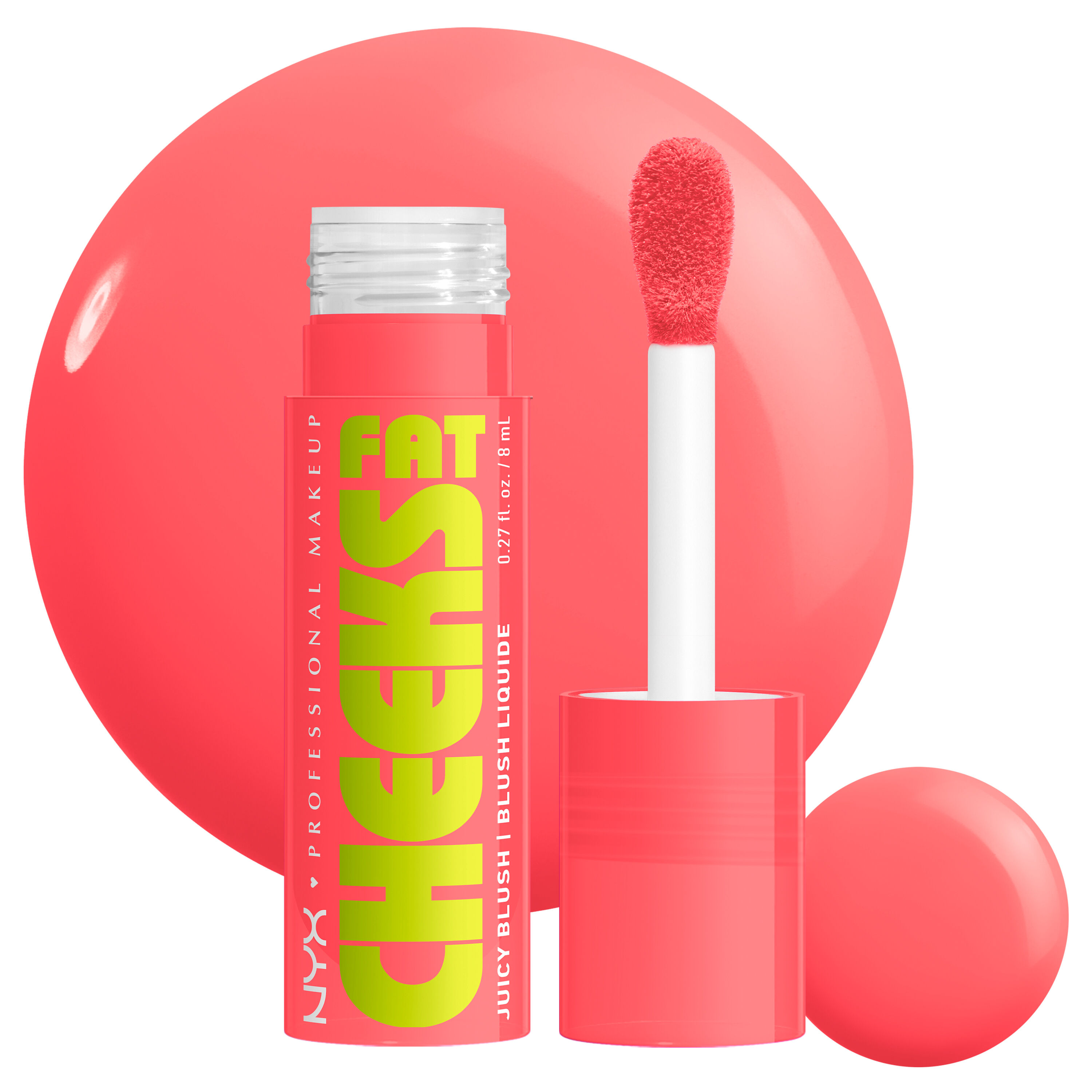 Fat Cheeks Liquid Blush in shade Peach Plunge, a warm rosy pink shade, on white background with product swatch