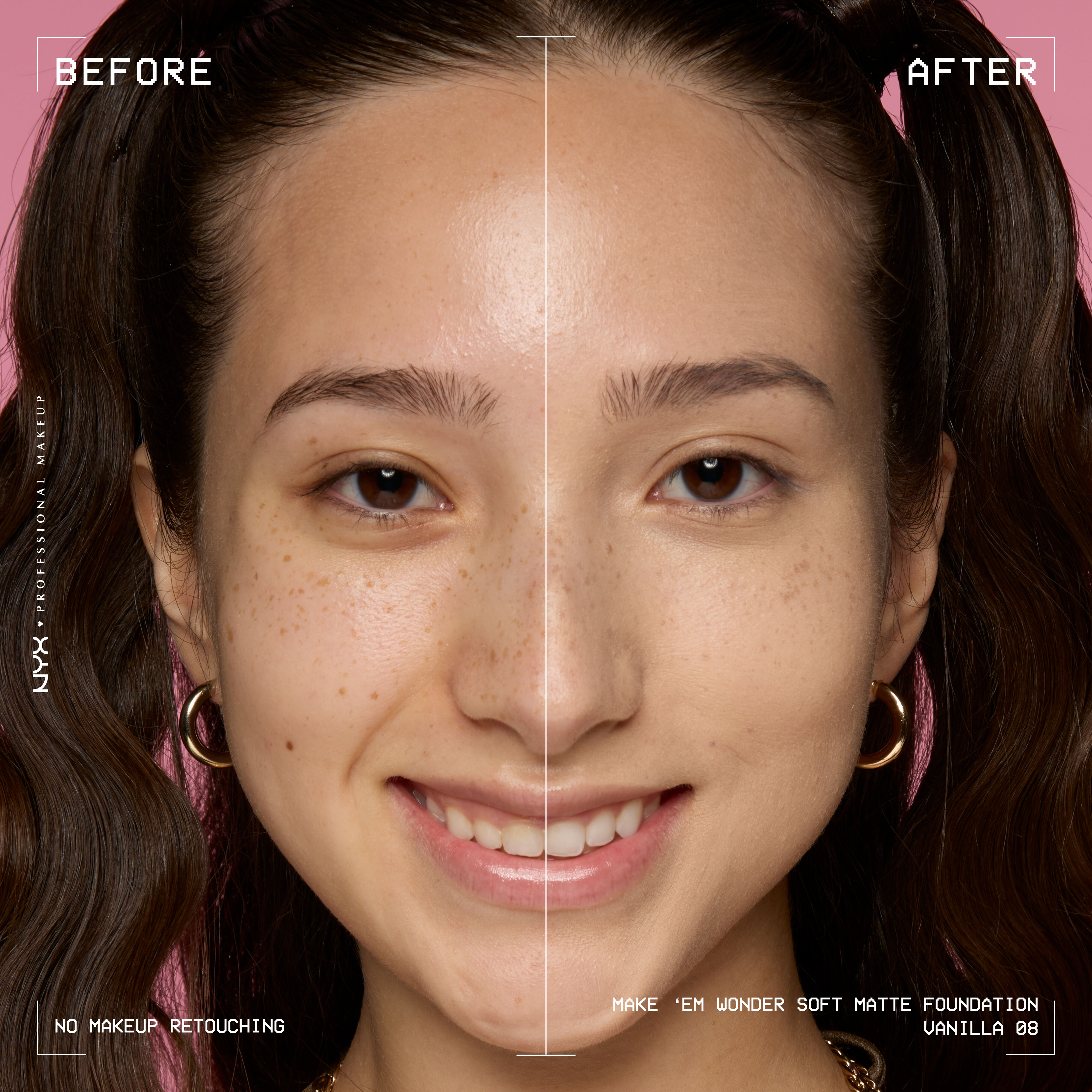 Before-and-after model wearing NYX Make ’Em Wonder Foundation shade 08 Vanilla, text overlay “Before / After.”