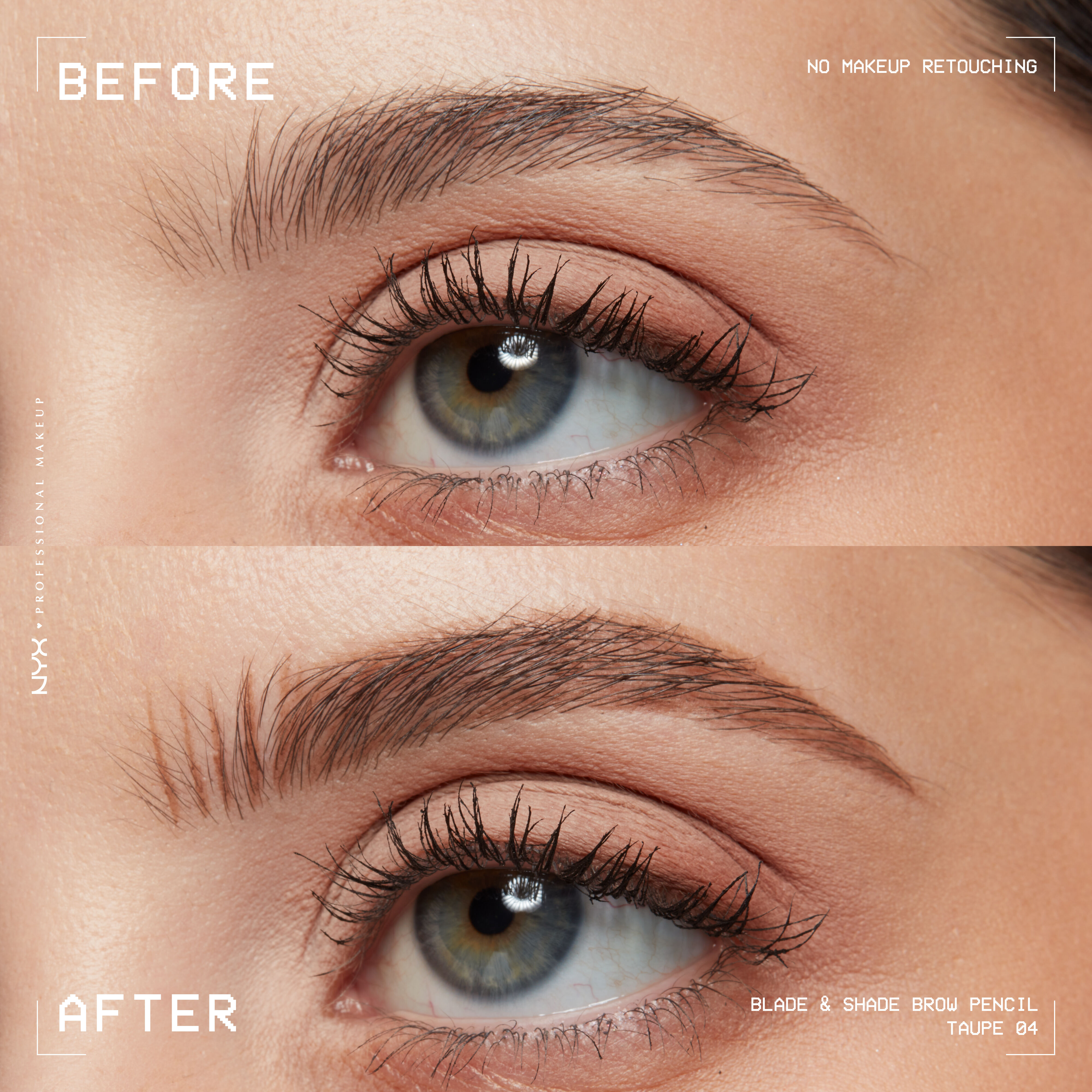 closeup before and after of Blade & Shade Nano Brow Pencil on light brown eyebrow