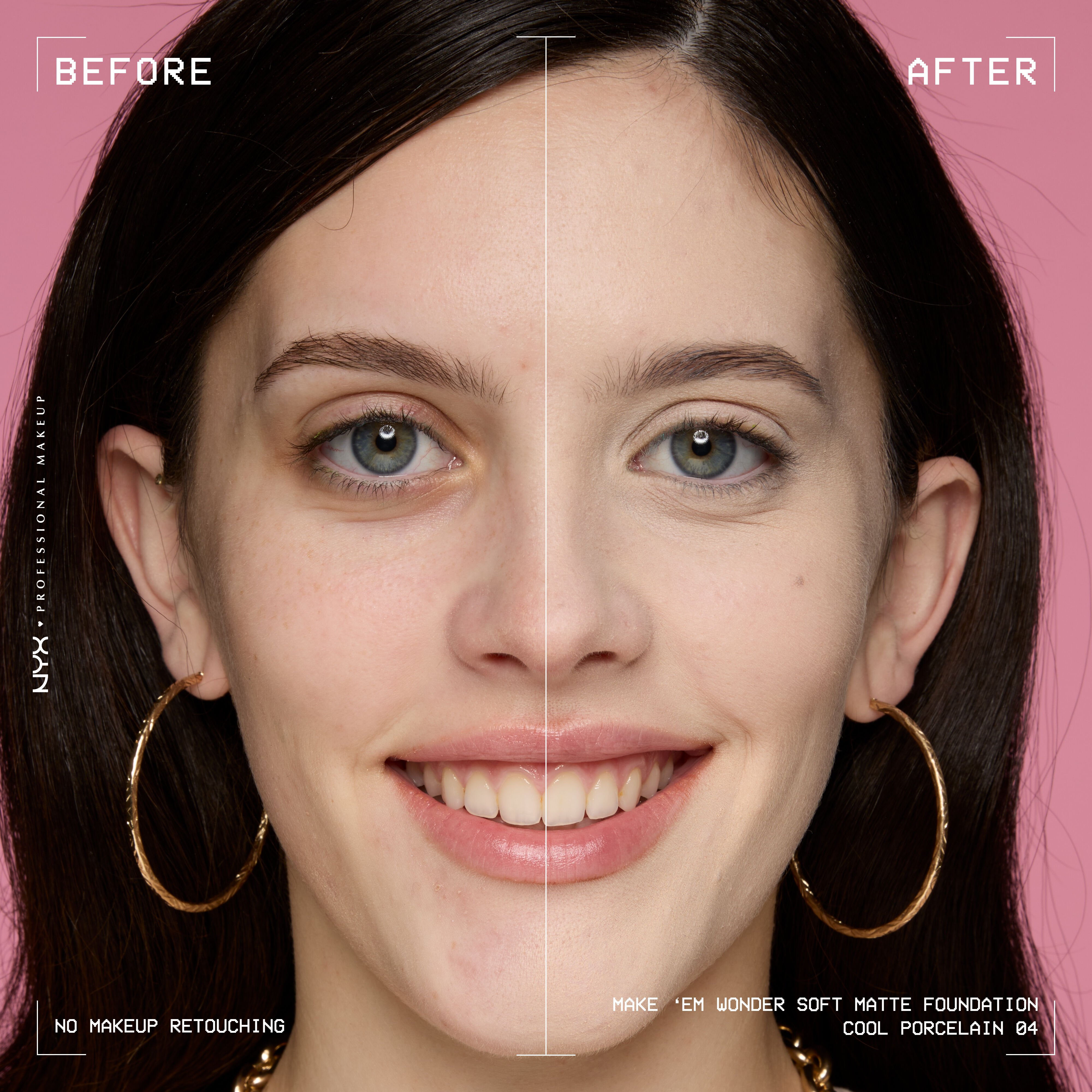 Before-and-after model wearing NYX Make ’Em Wonder Foundation shade 04 Cool Porcelain, text overlay “Before / After.”