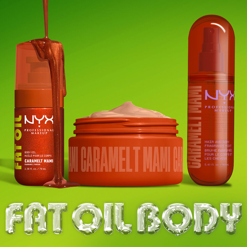 Three NYX Professional Makeup Caramelt Mami products lined up against a lime green background with dripping caramel brown liquid: Fat Oil body oil, body butter in an open jar, and hair & body fragrance mist.