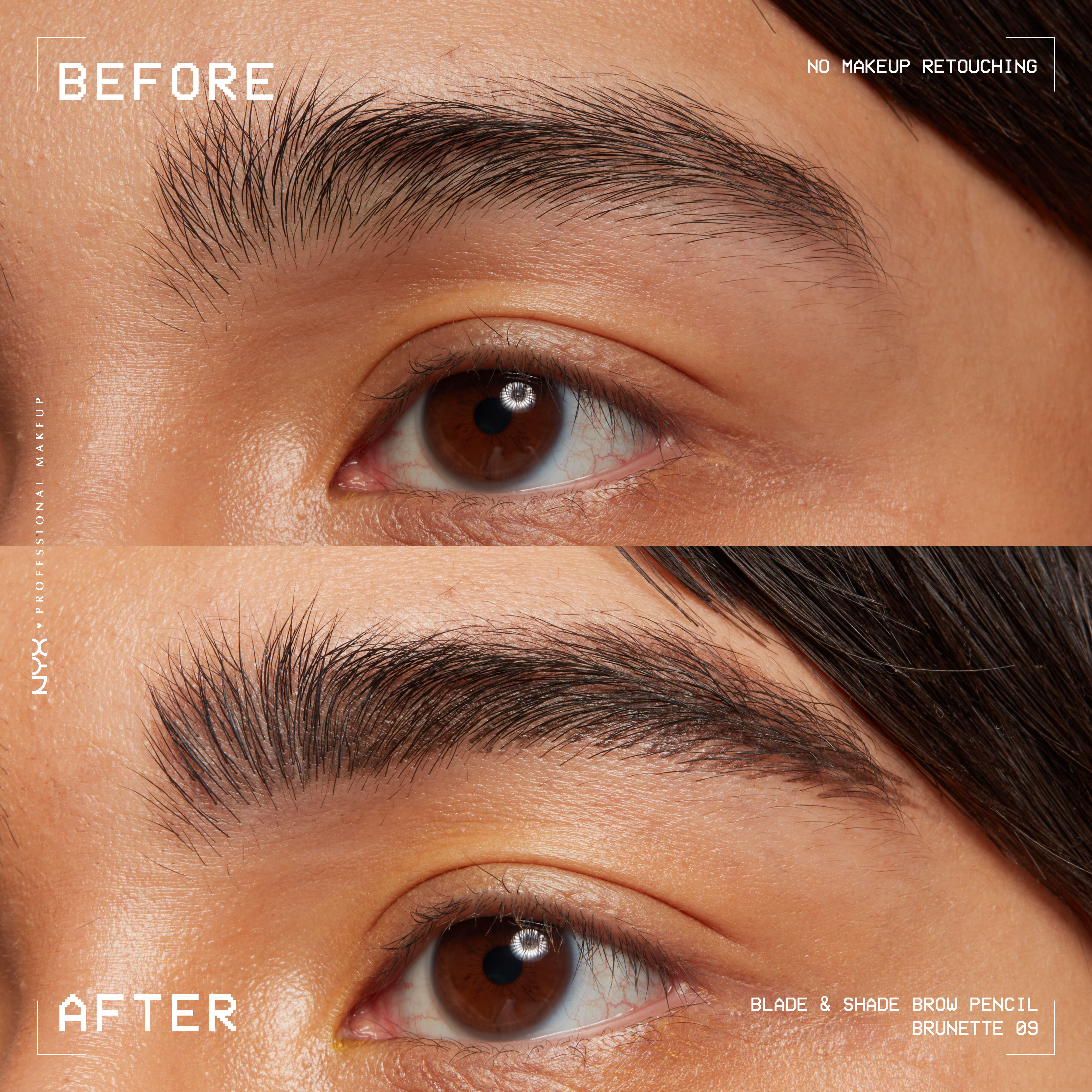 closeup before and after of Blade & Shade Nano Brow Pencil on light brown eyebrow