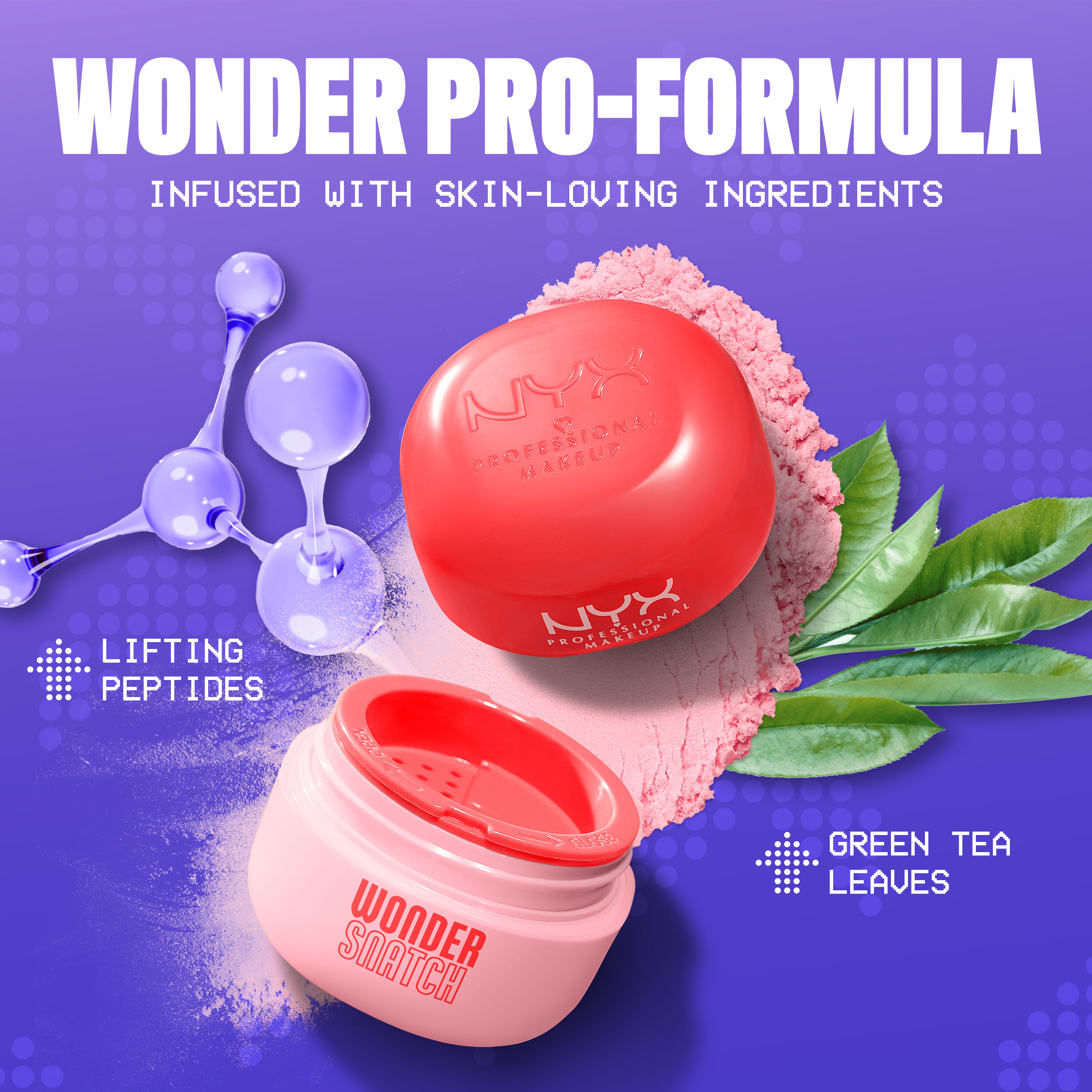 Open Wonder Snatch Setting Powder in brightening pink shade Cheeky Cherry with spilled powder, green tea leaves, and peptides