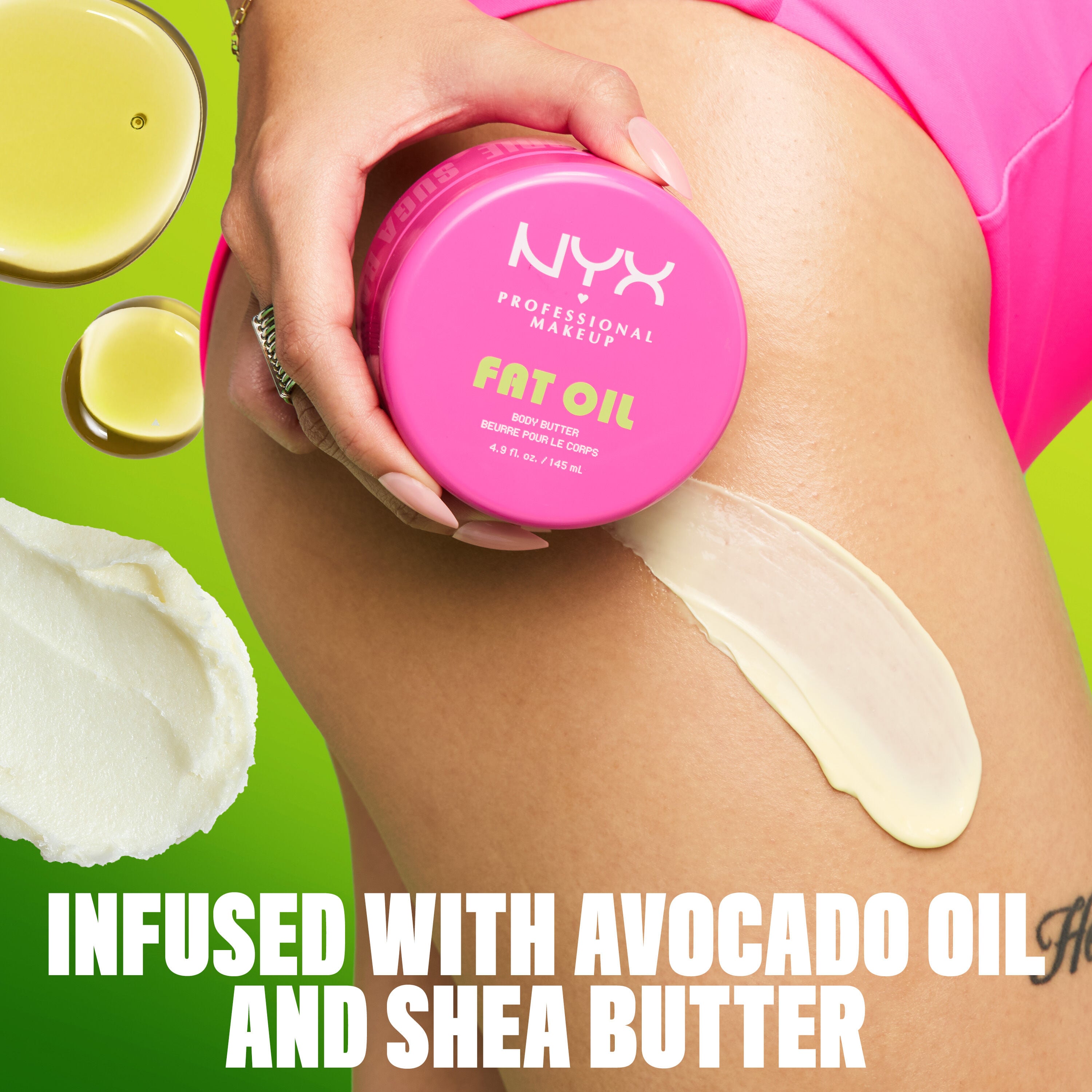Model holding pink jar of Suga Baddie Body Butter against lime green background with ingredient callout: Infused with Avocado Oil and Shea Butter.