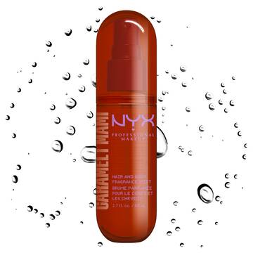 Front packshot of Caramelt Mami spray mist with droplet particles on white background.