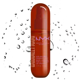 Front packshot of Caramelt Mami spray mist with droplet particles on white background.