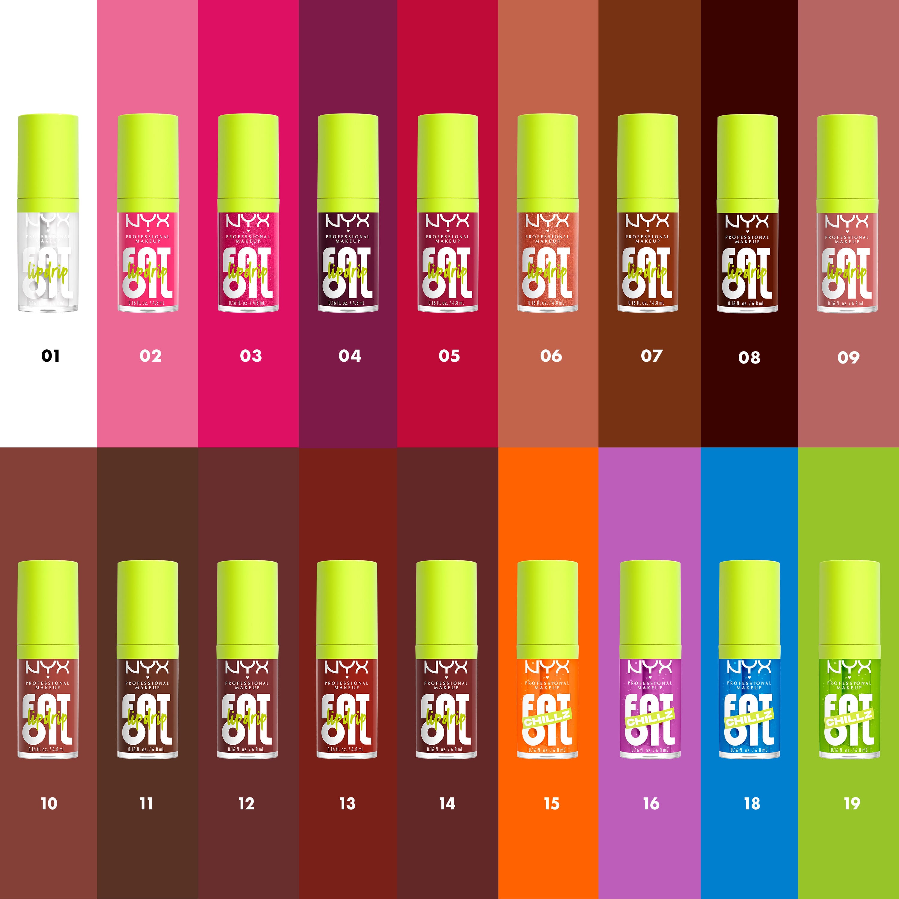 Fat Oil Lip Drip Lip Oil bottles in 18 shades