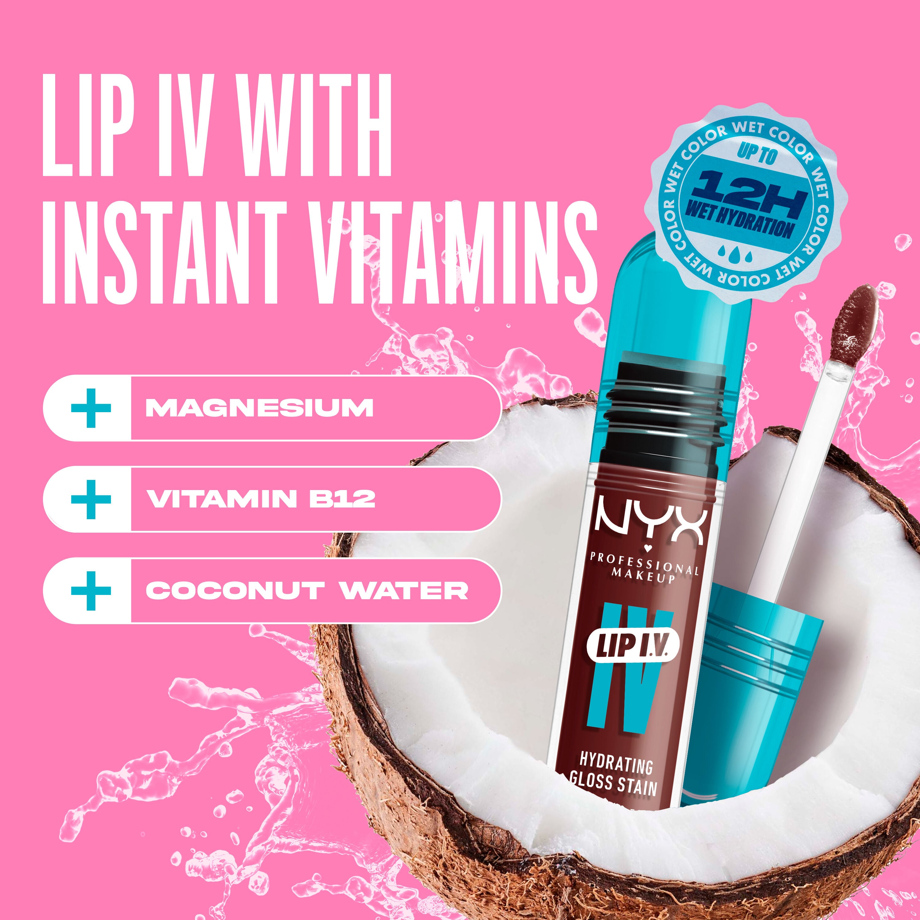 Lip I.V. Hydrating Gloss Lip Stain in a coconut with text "Lip I.V. with Instant Vitamins"