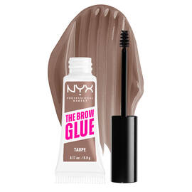The Brow Glue Instant Brow Styler open tube with wand beside it on a white background