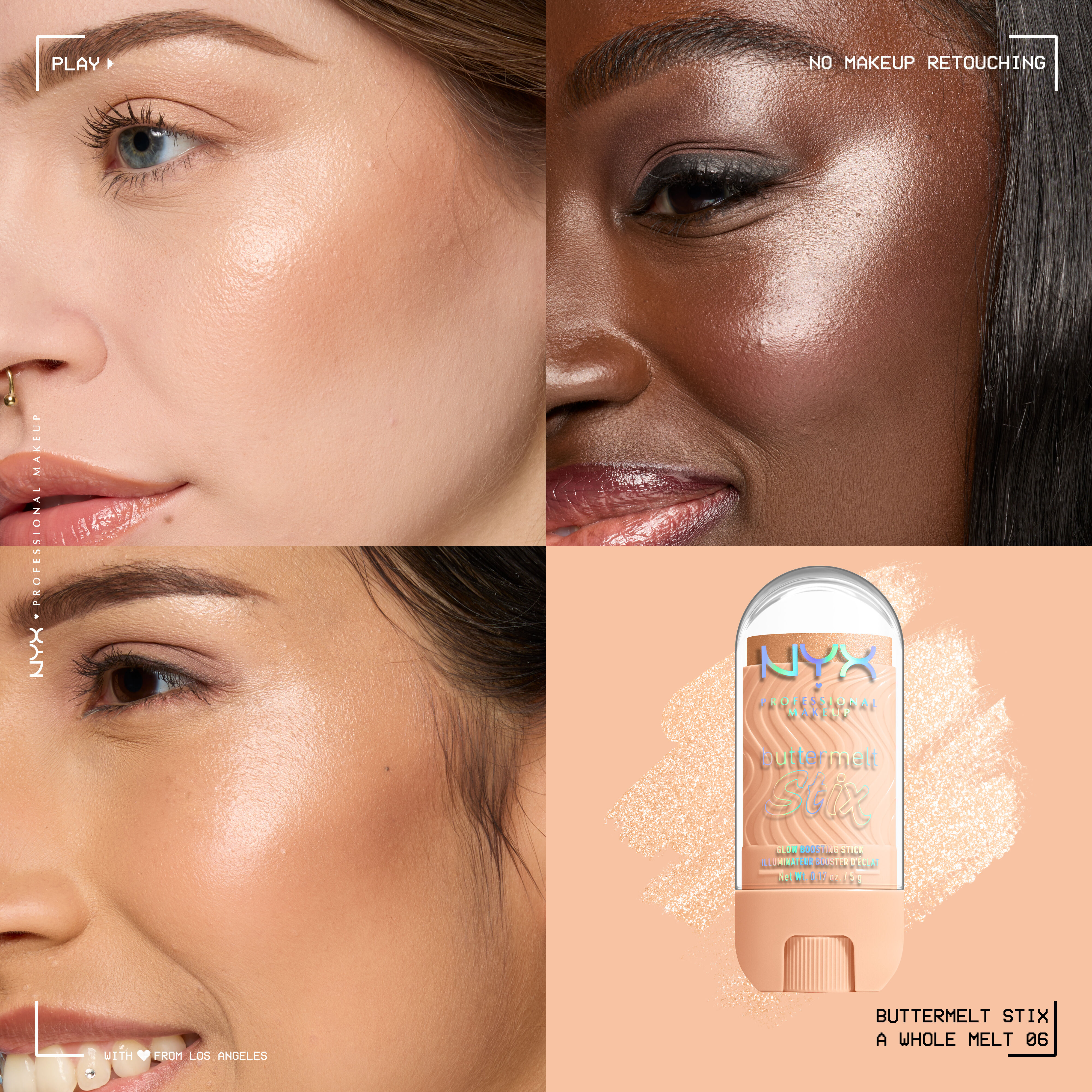 Three models with light, medium, and deep skin tones wearing NYX Buttermelt Stix A Whole Melt 06, “No Makeup Retouching” text overlay