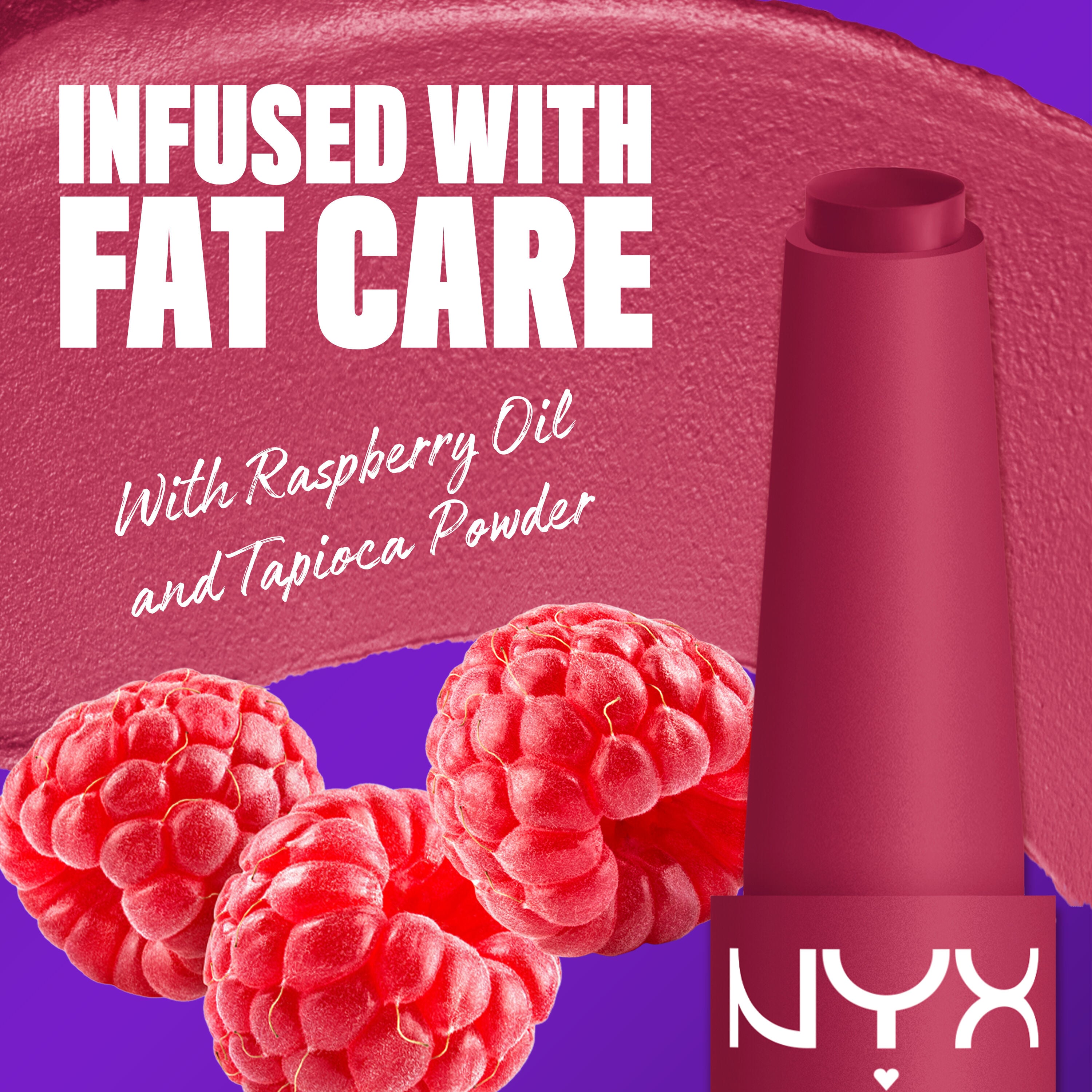 NYX Professional Makeup Fat Matte Smooth Color Lipstick infused with raspberry oil and tapioca powder for soft, smooth creamy matte lip color.