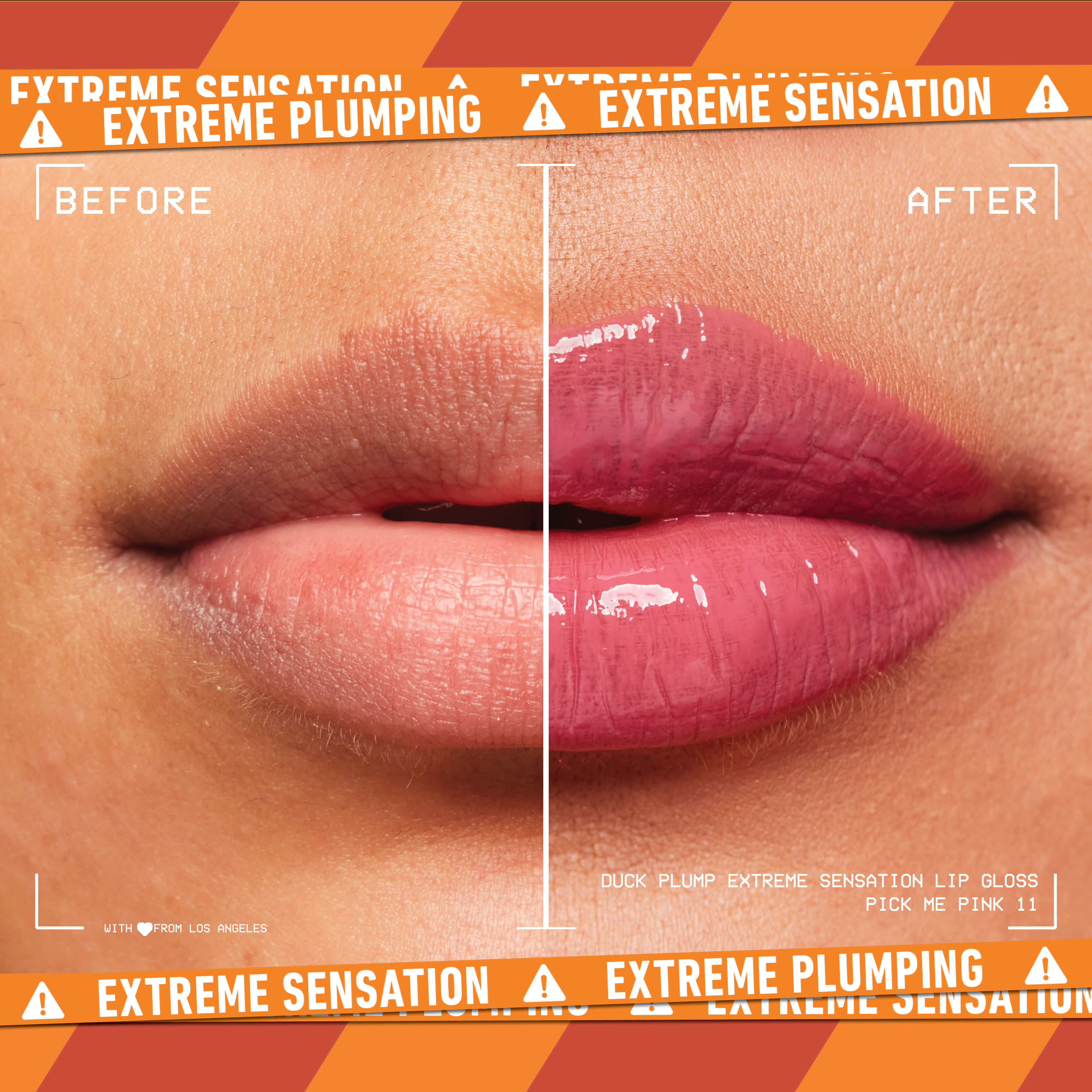 before and after image of lips with Duck Plump Lip Plumping Gloss
