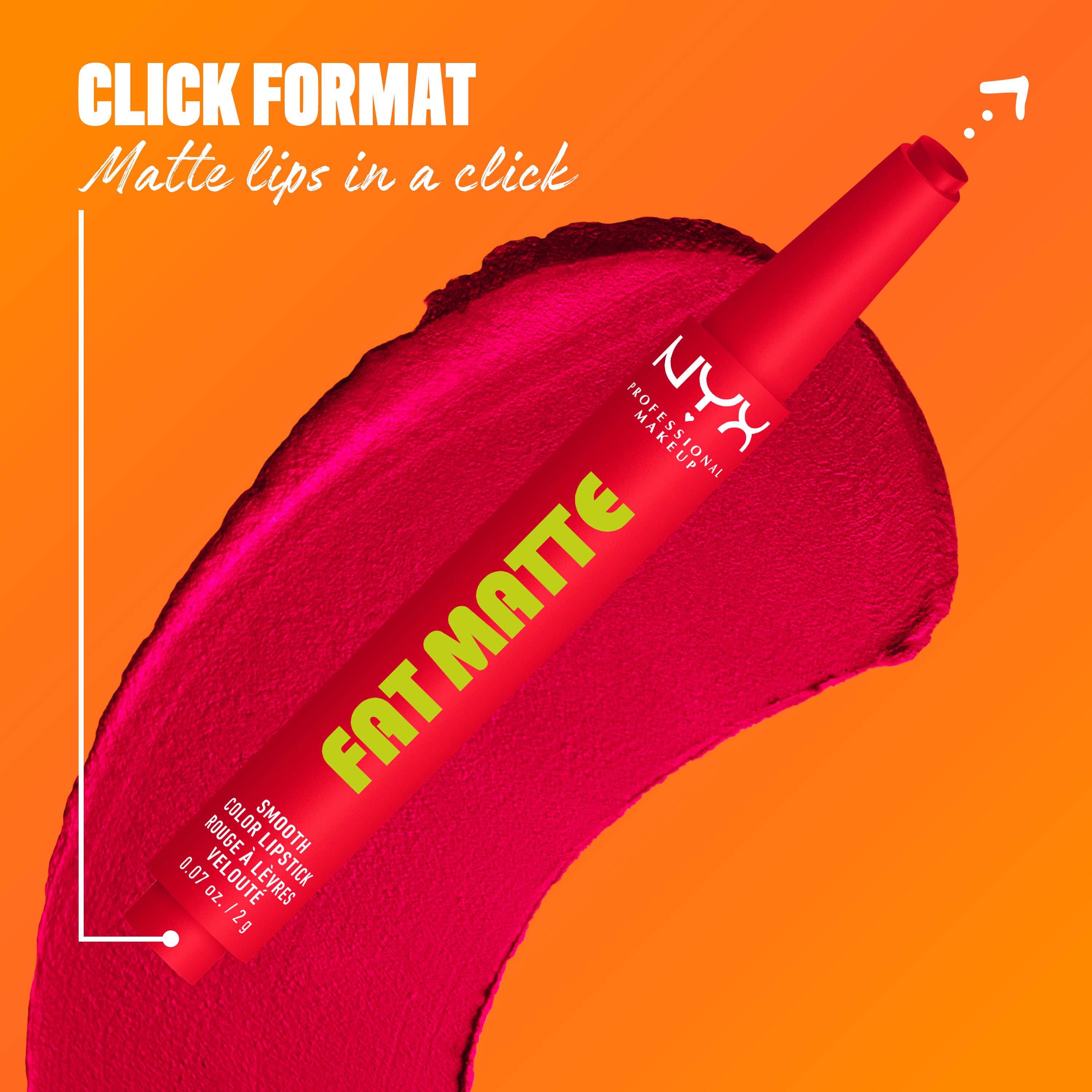 NYX Professional Makeup Fat Matte Smooth Color Lipstick in red shade Fuzzy Flame, showing the click-pen applicator format and shade swatch, highlighting easy, mess-free matte lipstick application.