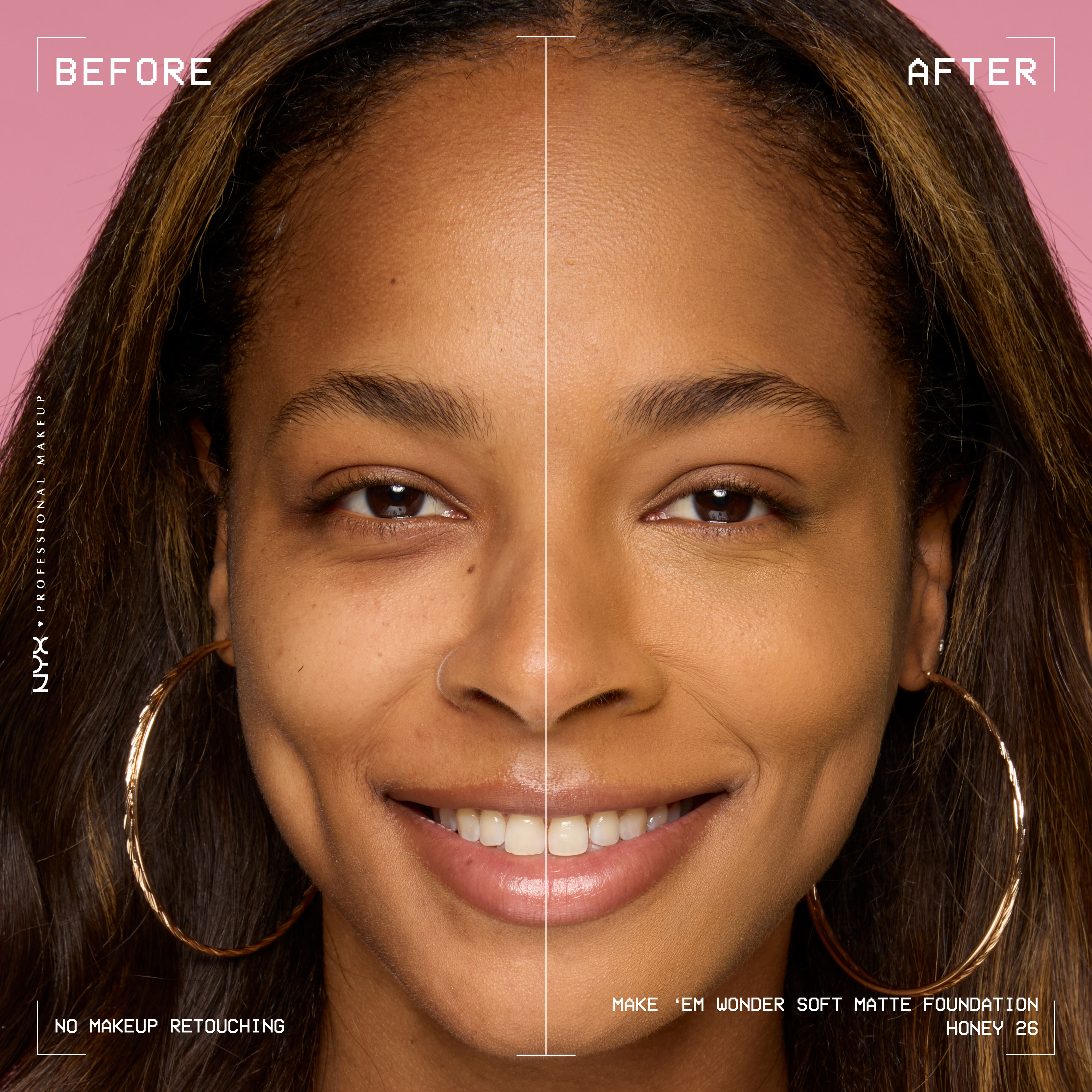 Before-and-after model wearing NYX Make ’Em Wonder Foundation shade 26 Honey, text overlay “Before / After.”