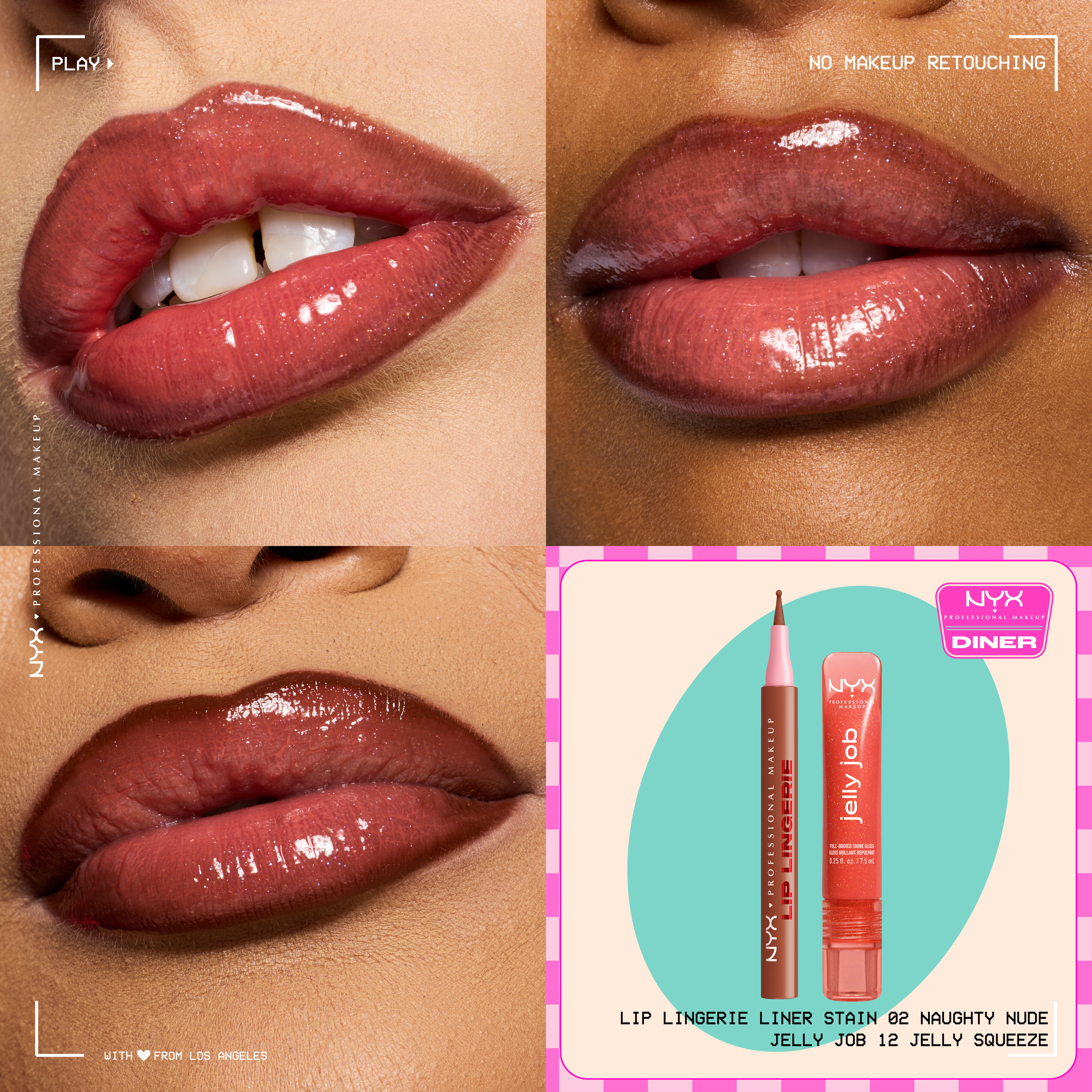 NYX Professional Makeup Lip Lingerie Lip Liner Stain in 02 Naughty Nude and Jelly Job Full Bodied Shine Gloss in 12 Jelly Squeeze shown on three lip close-ups with a small product duo packshot.