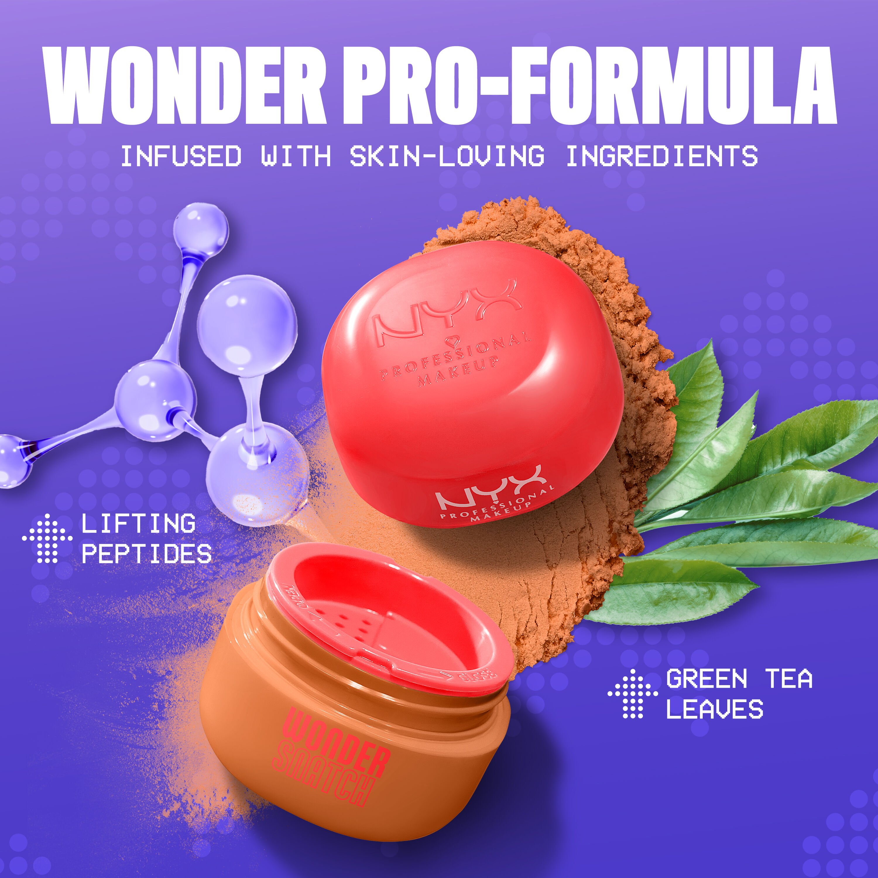 Open Wonder Snatch Setting Powder in medium-deep shade Sassy Spice with spilled powder, green tea leaves, and peptides