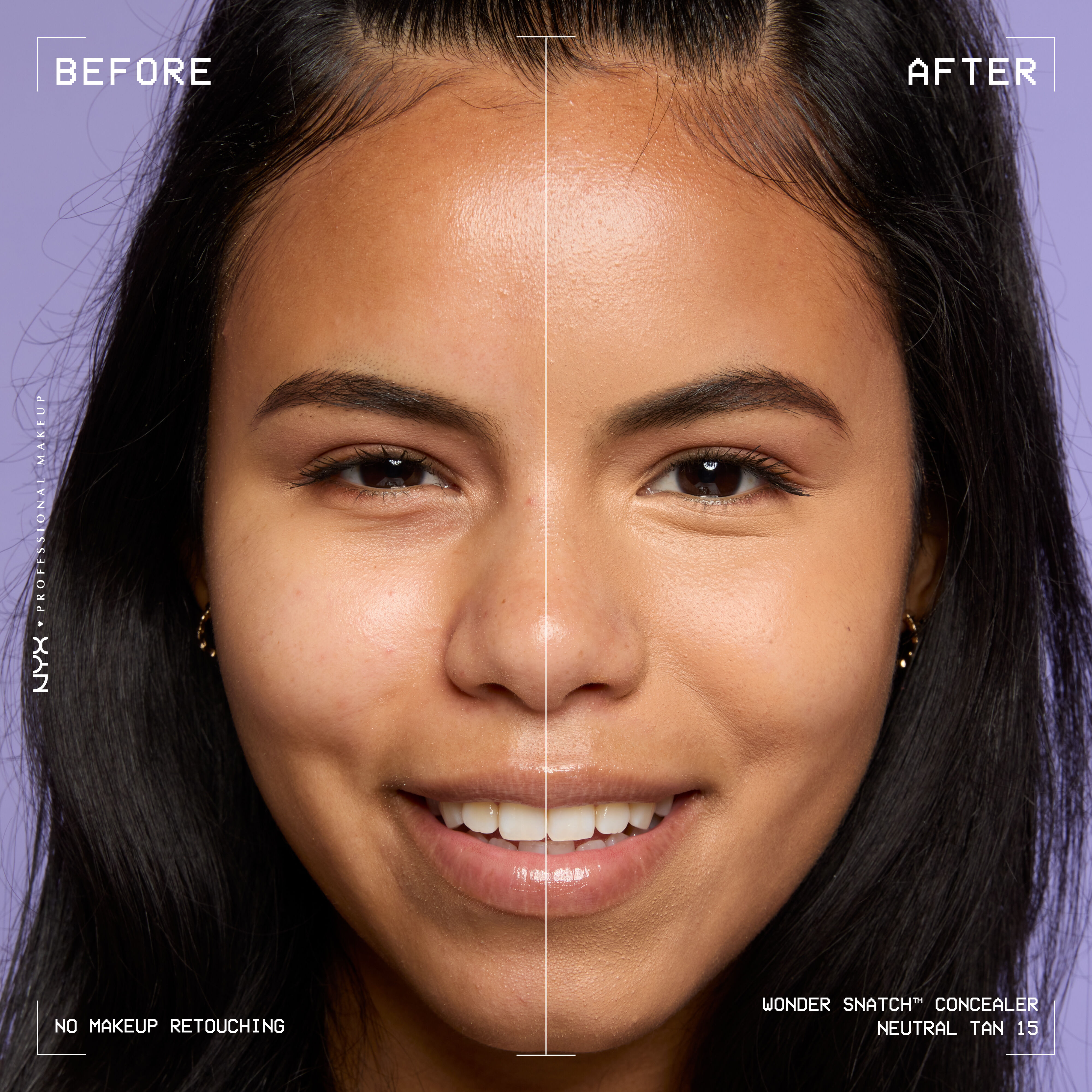 Before-and-after comparison of model wearing Wonder Snatch(TM) Concealer, showing brighter under-eyes and smoother-looking skin.
