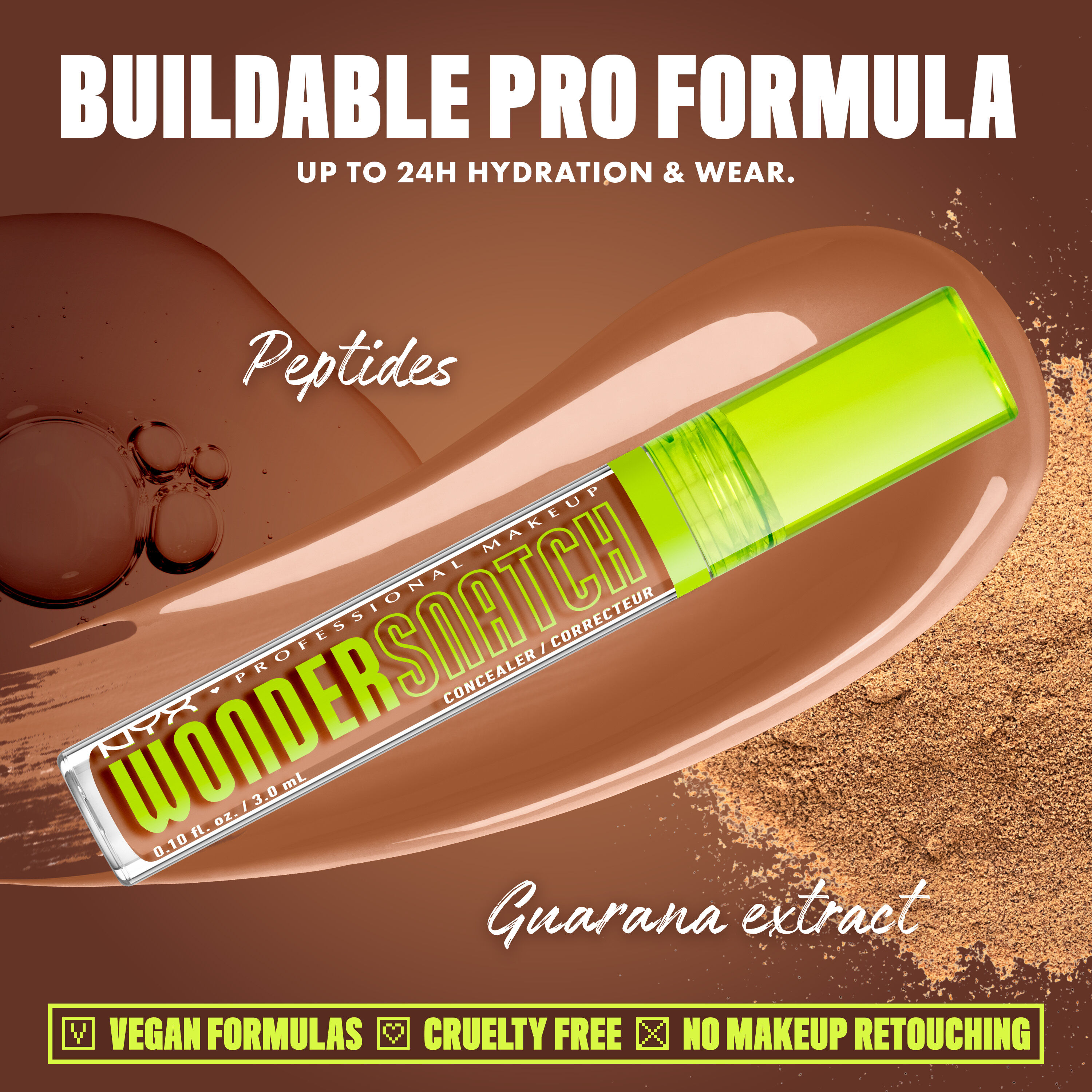 Wonder Snatch(TM) Concealer image with text: "Buildable Pro Formula. Up to 24H Hydration & Wear. Peptides. Guarana extract. Vegan Formulas. Cruelty Free. No Makeup Retouching."