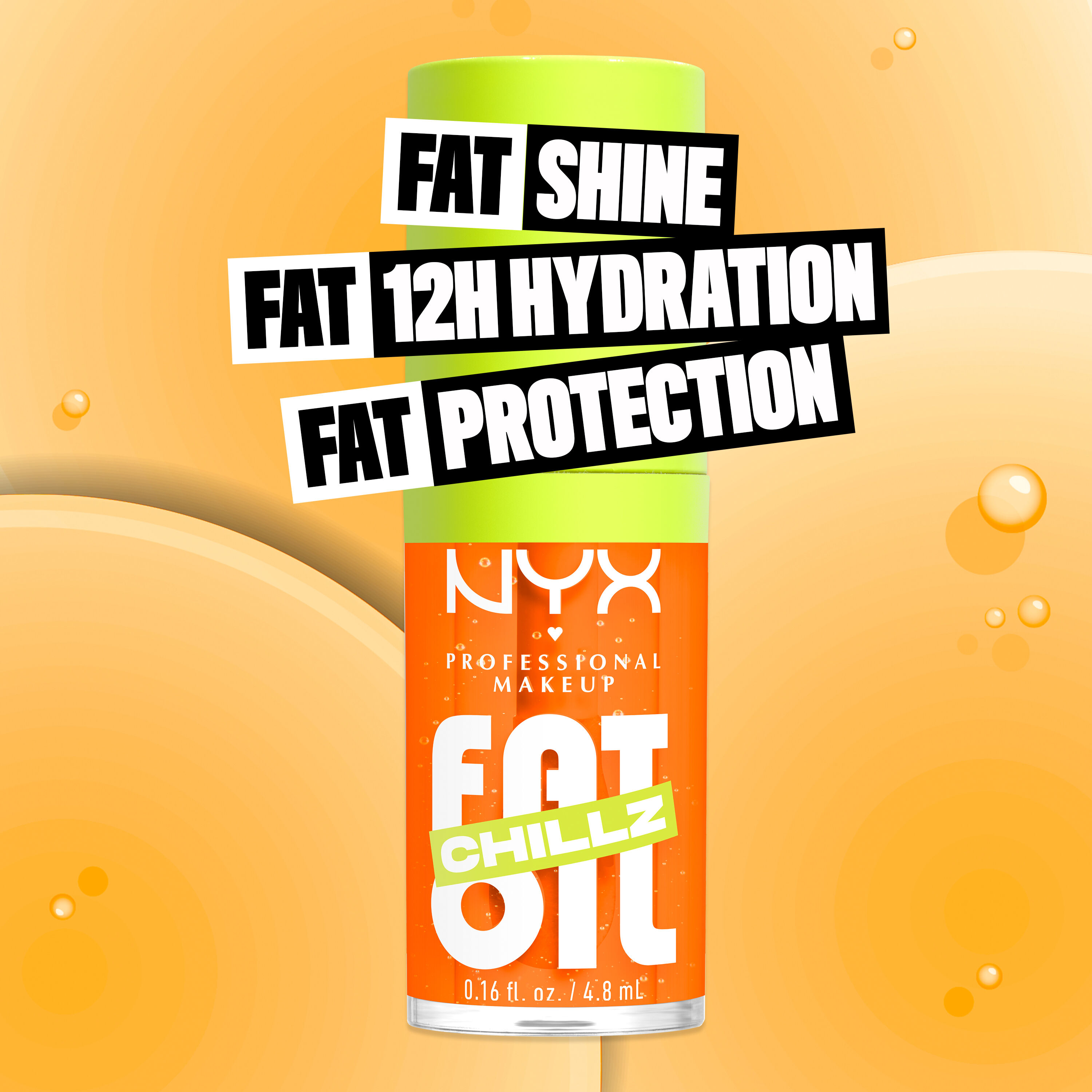 Fat Oil Chillz Lip Drip Lip Oil in shade Citrus Chiller bottle. Fat Shine. Fat 12H Hydration. Fat Protection.