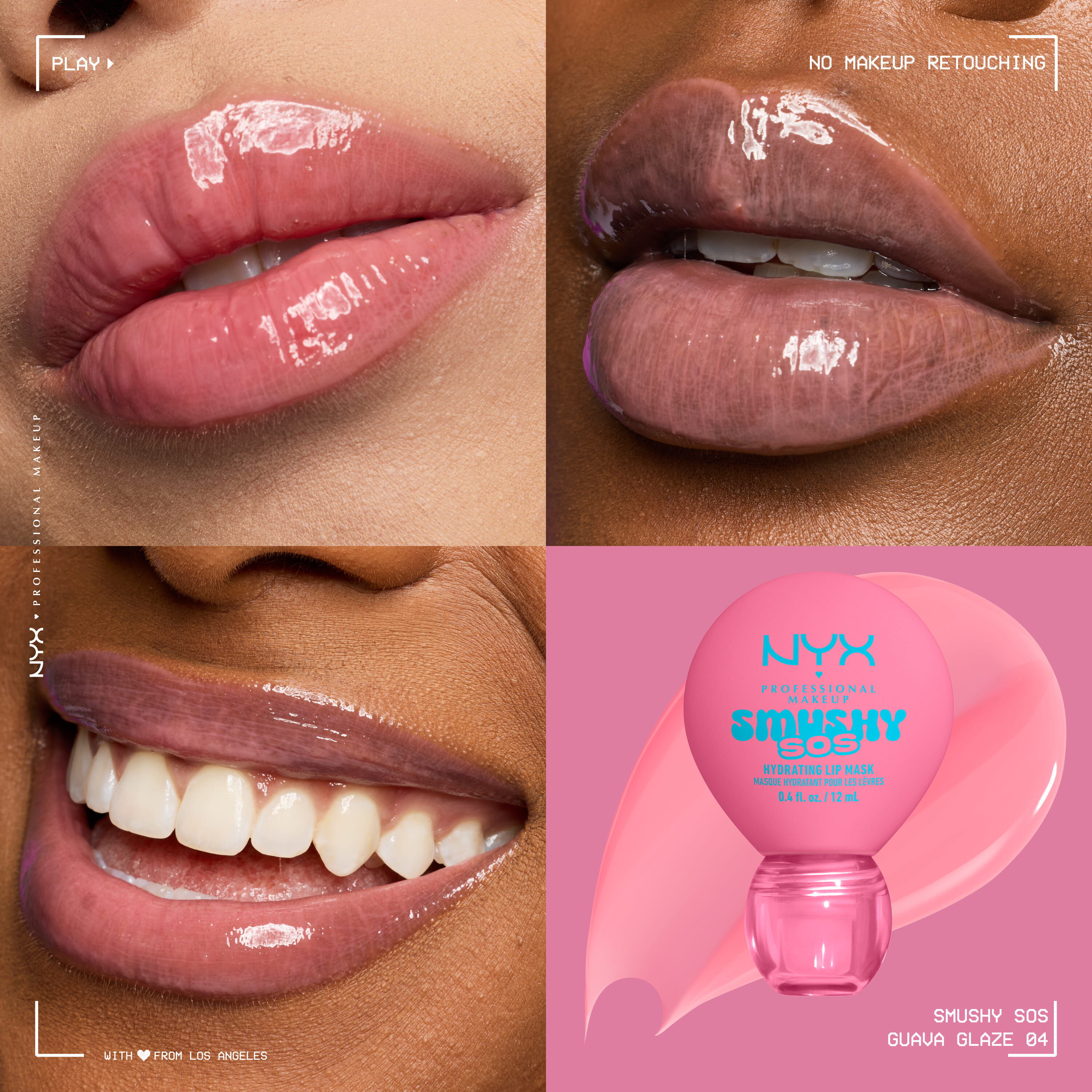 NYX Professional Makeup Smushy SOS tinted lip balm in Guava Glaze, a light pink shade, on three skin tones