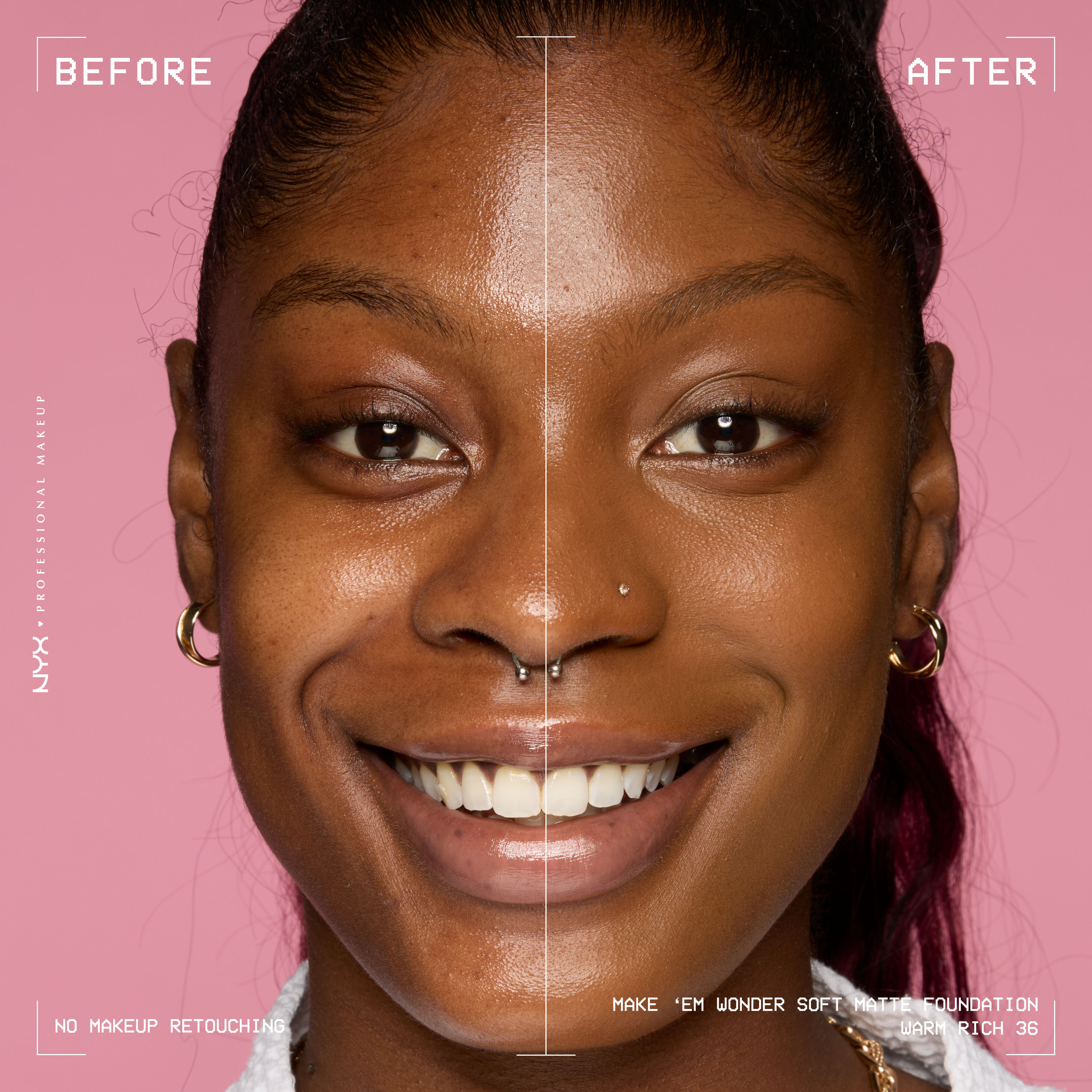 Before-and-after model wearing NYX Make ’Em Wonder Foundation shade 36 Warm Rich, text overlay “Before / After.”