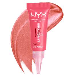 NYX Professional Makeup Lid Lingerie Cream Eye Pigment tube in 09 Cheeky Coral — a coral metallic cream eyeshadow — shown beside a glistening swipe of the shimmer formula.