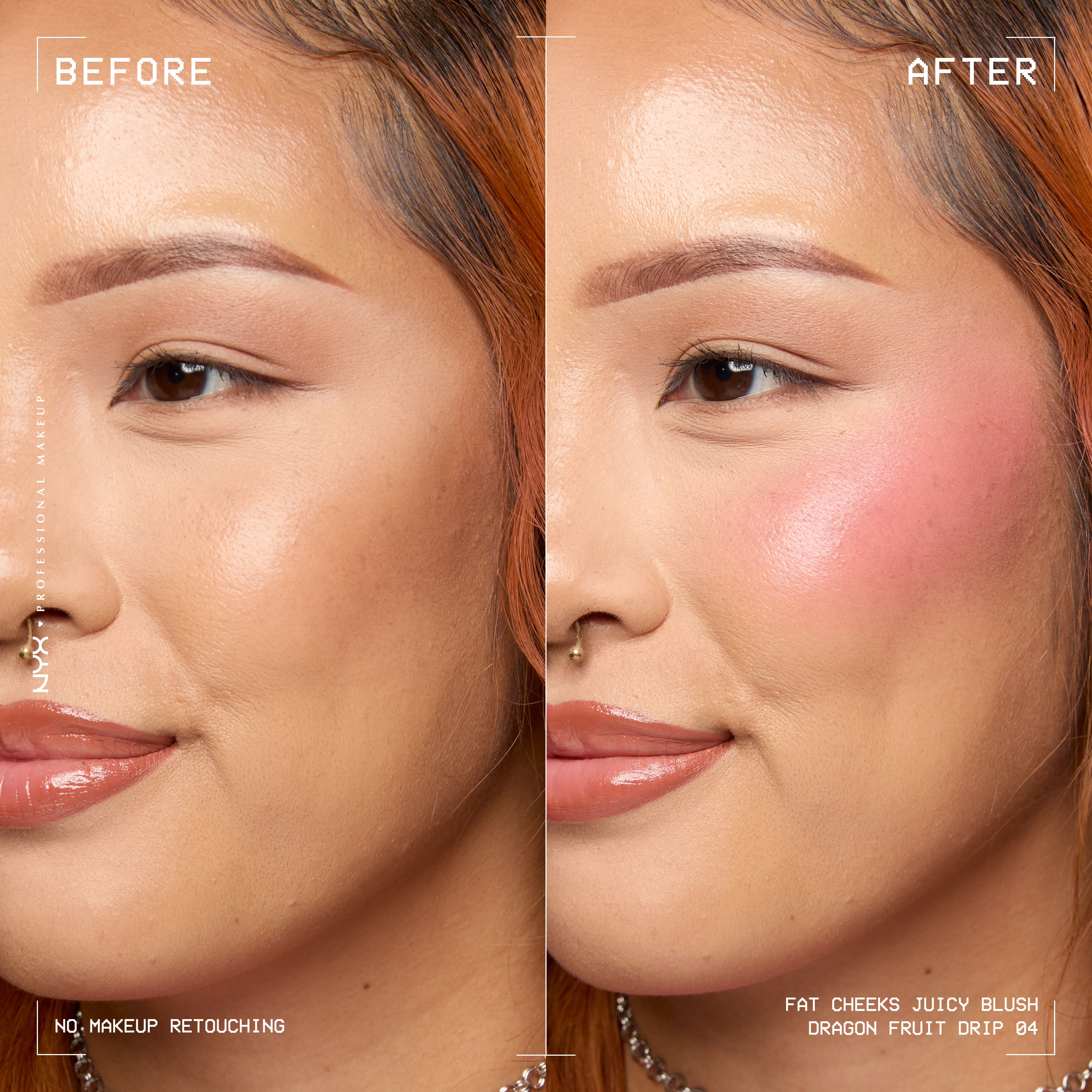 Model before and after applying Fat Cheeks liquid blush in shade Dragon Fruit Drip