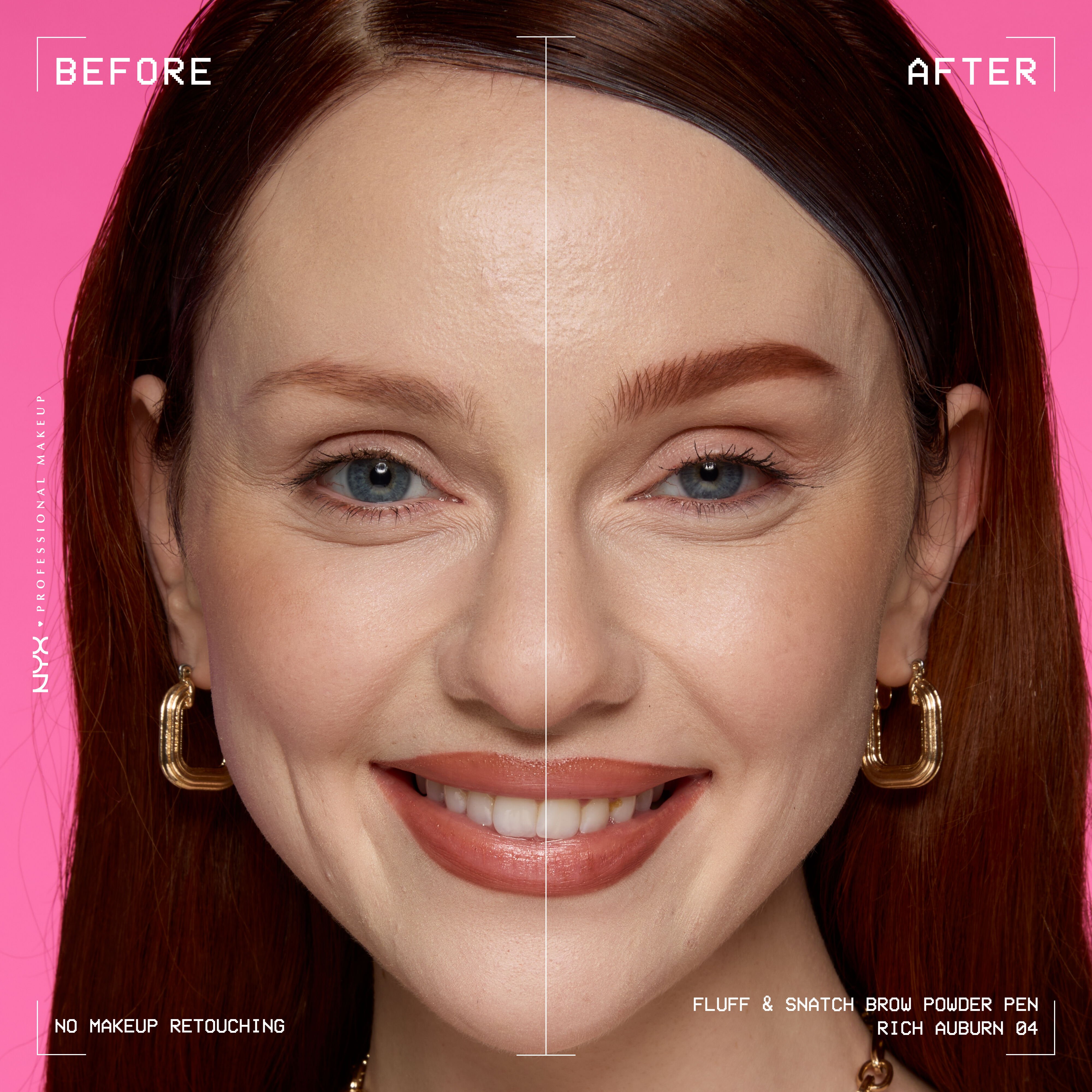 Model shown before and after using NYX Fluff and Snatch Brow Powder Pen against a pink background in shade 04 Rich Auburn