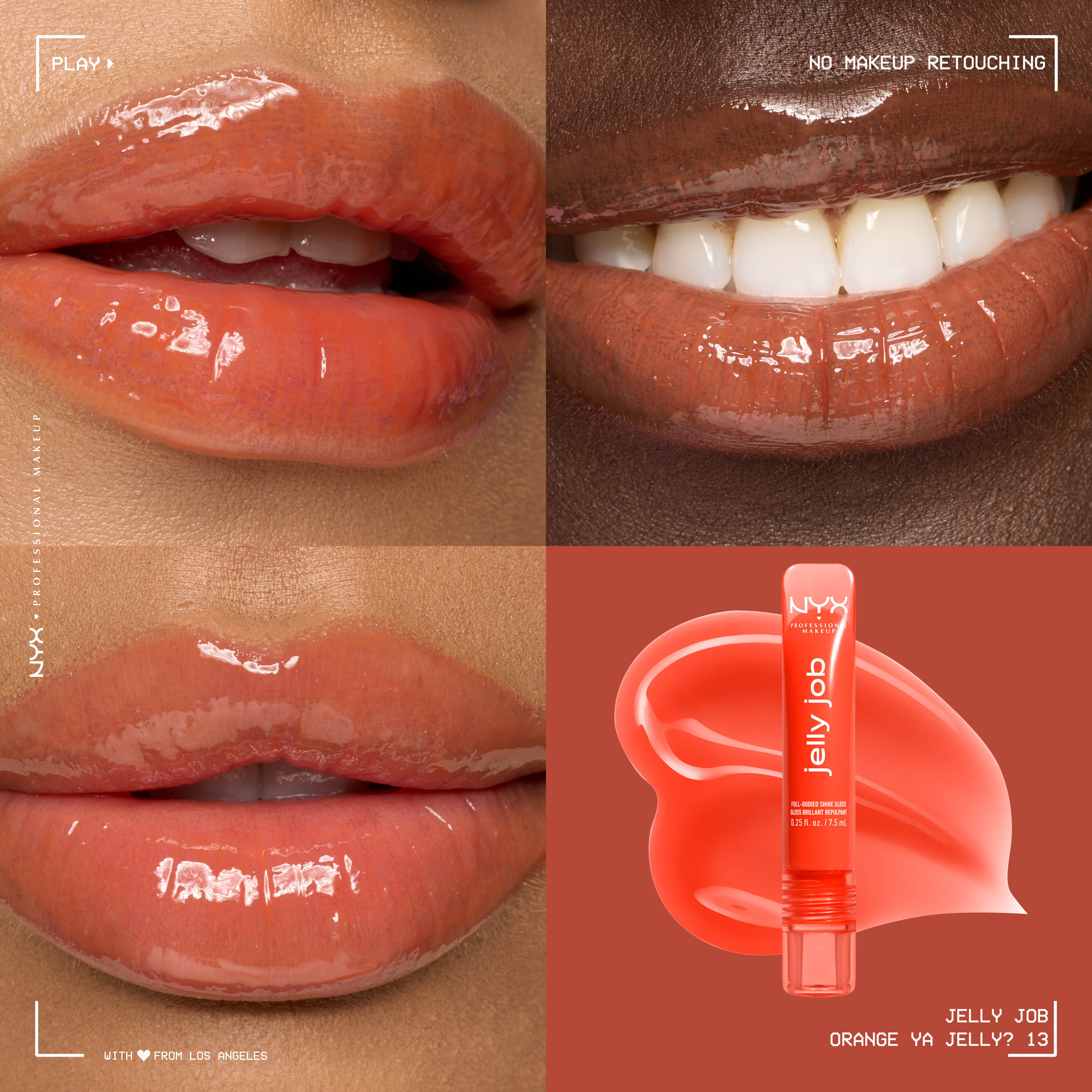 Close up of 3 models with varying skin tones wearing Jelly Job Jelly Lip Gloss in shade 'Orange Ya Jelly?', a tangerine color