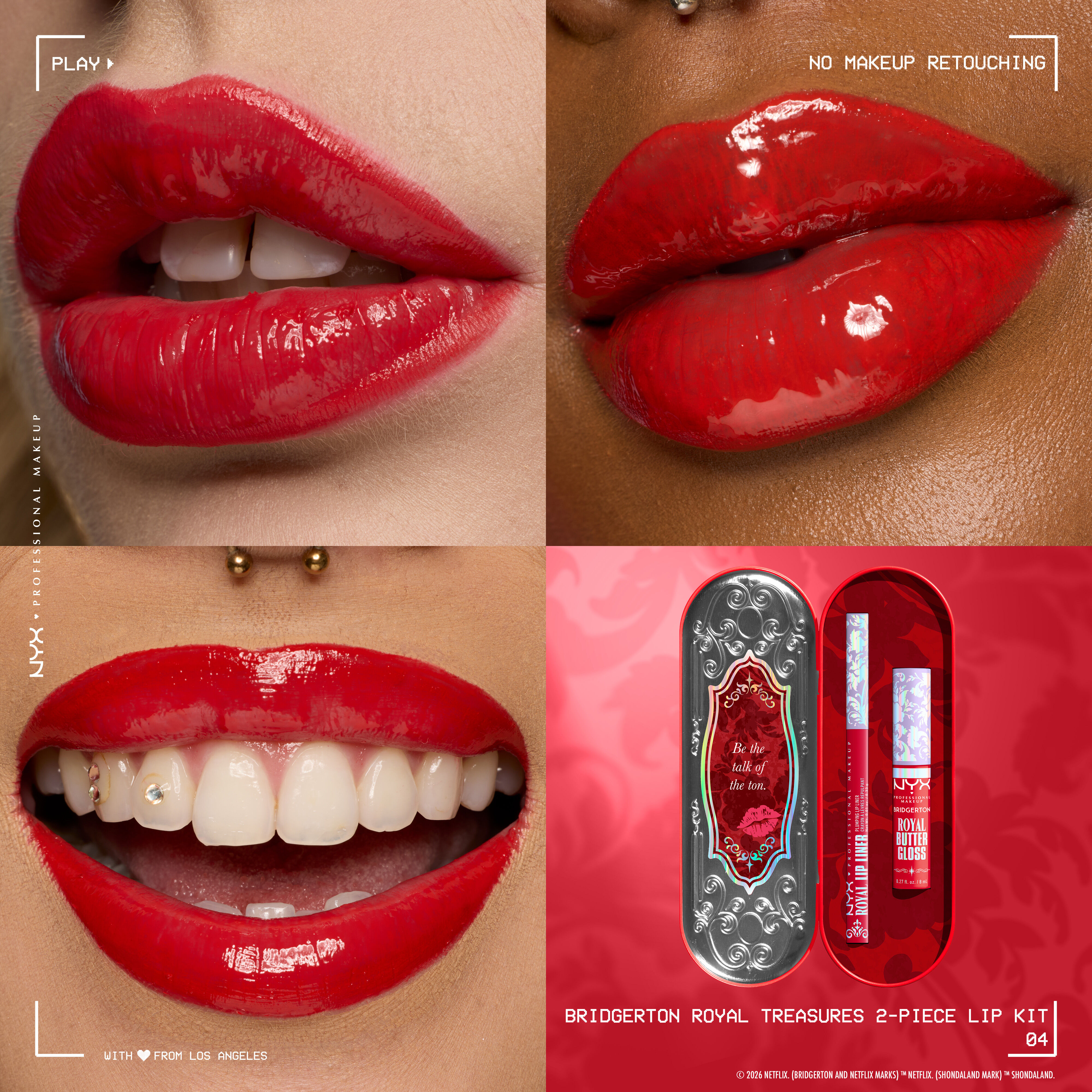 Lip macros of three different skintones wearing Bridgerton Royal Treasures 2-Piece Lip Kit and an image of the product packs next to the lips in shade Rogue Romance, Flirt Alert