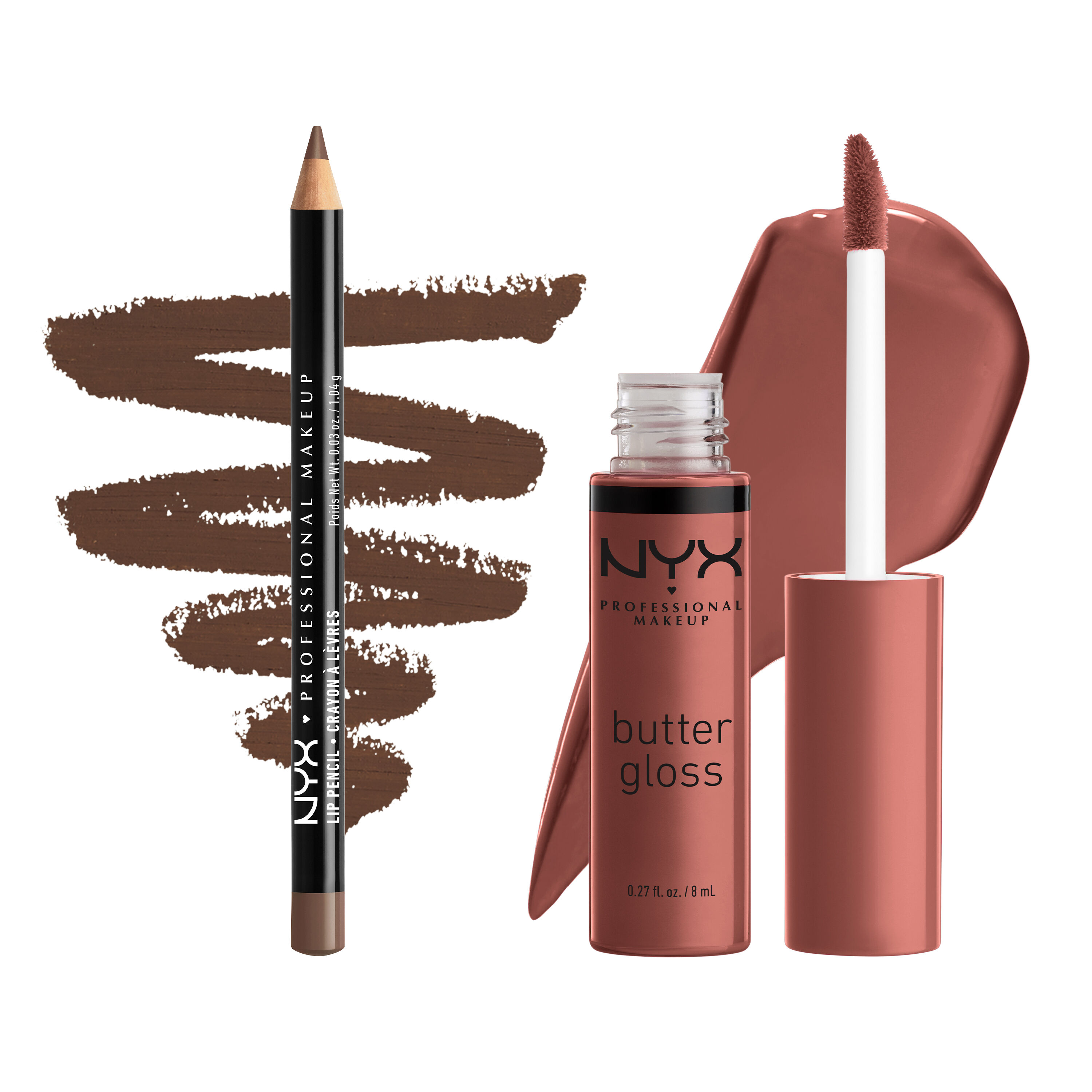 NYX Professional Makeup Slim Lip Pencil in 820 Espresso and Butter Gloss in 16 Praline shown with matching lip swatches on a white background.
