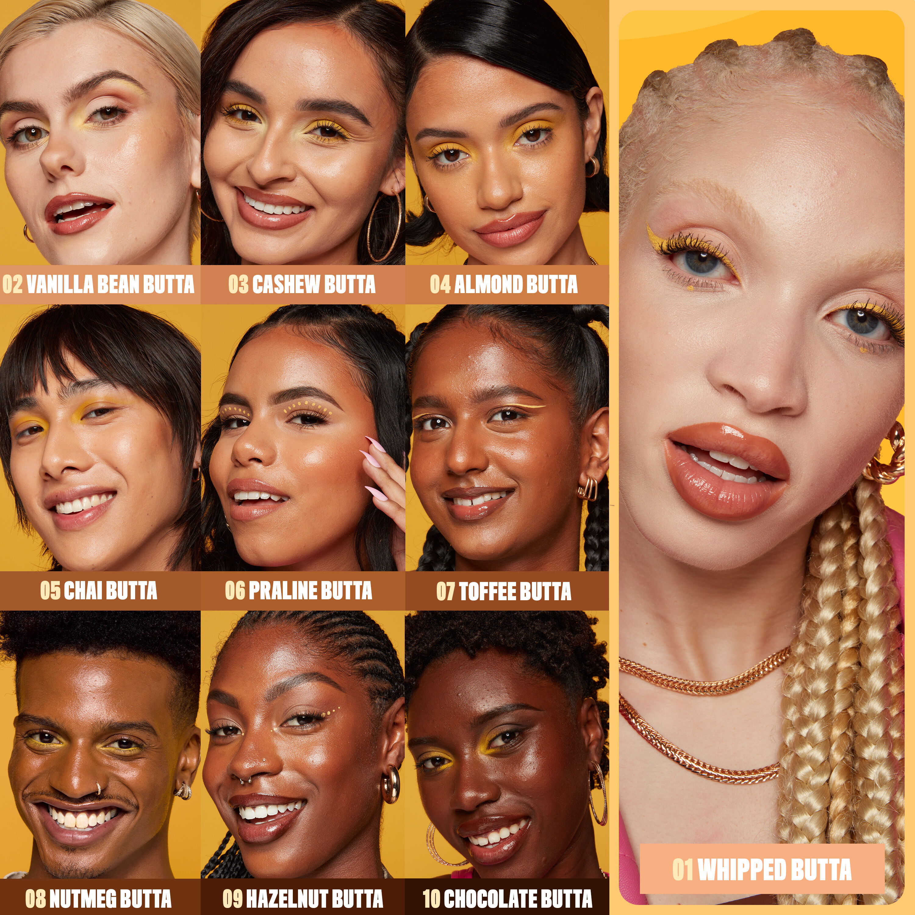 models wearing all ten shades of Buttermelt Glaze Skin Tint with SPF 30