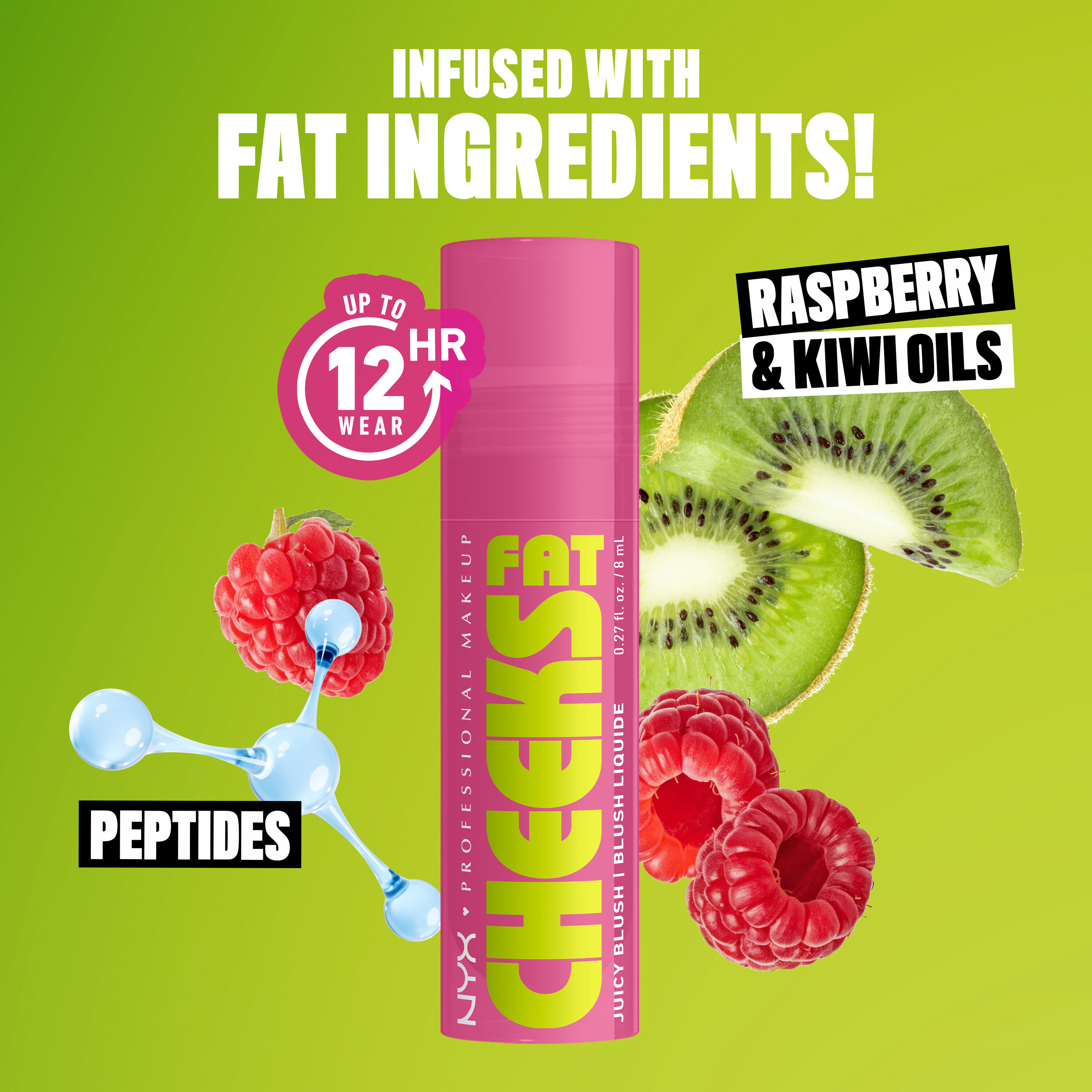 Fat Cheeks Juicy Blush with kiwis, raspberries, and artistic rendering of peptides to show hydrating ingredients