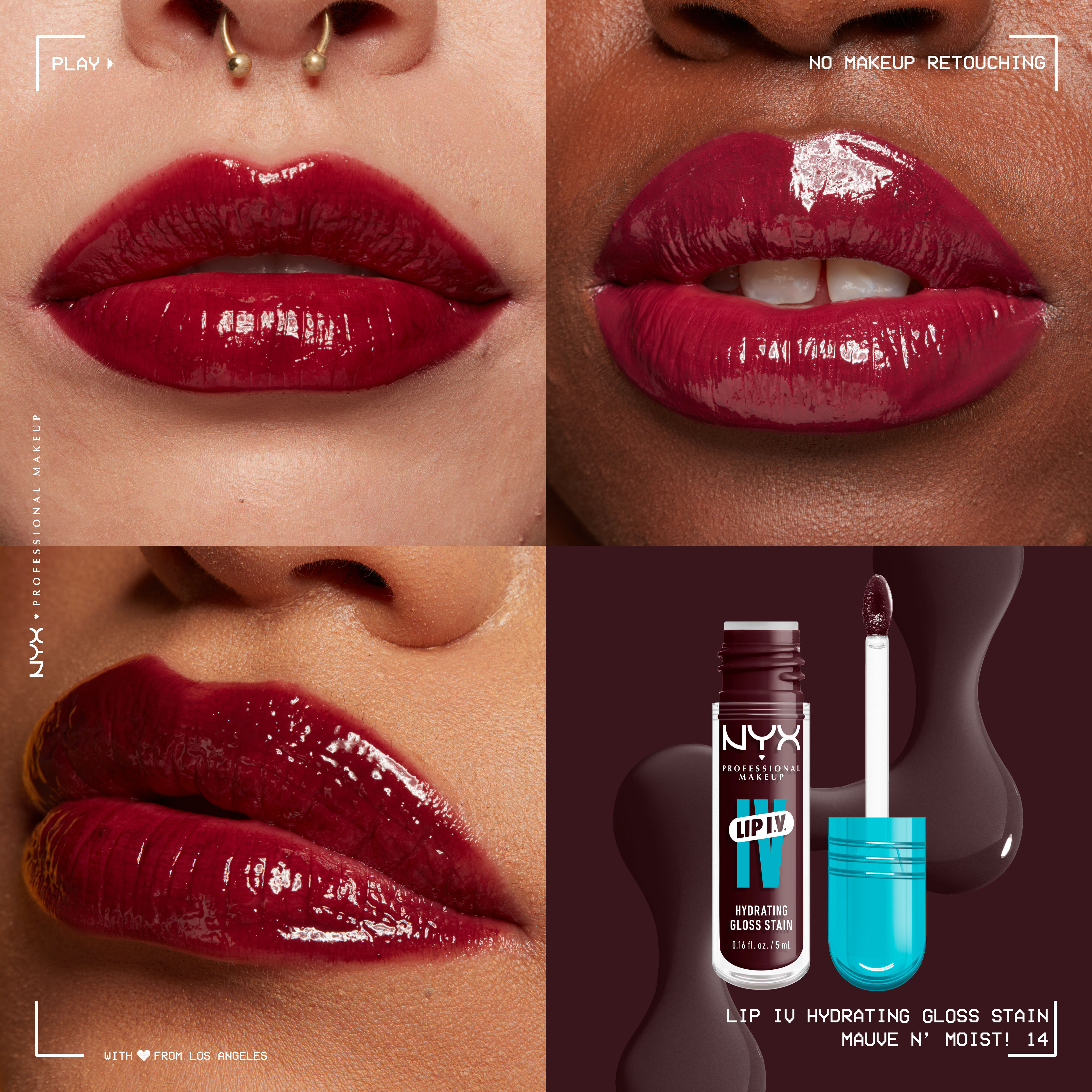 Lip I.V. Hydrating Lip Stain Gloss on three different skin tones