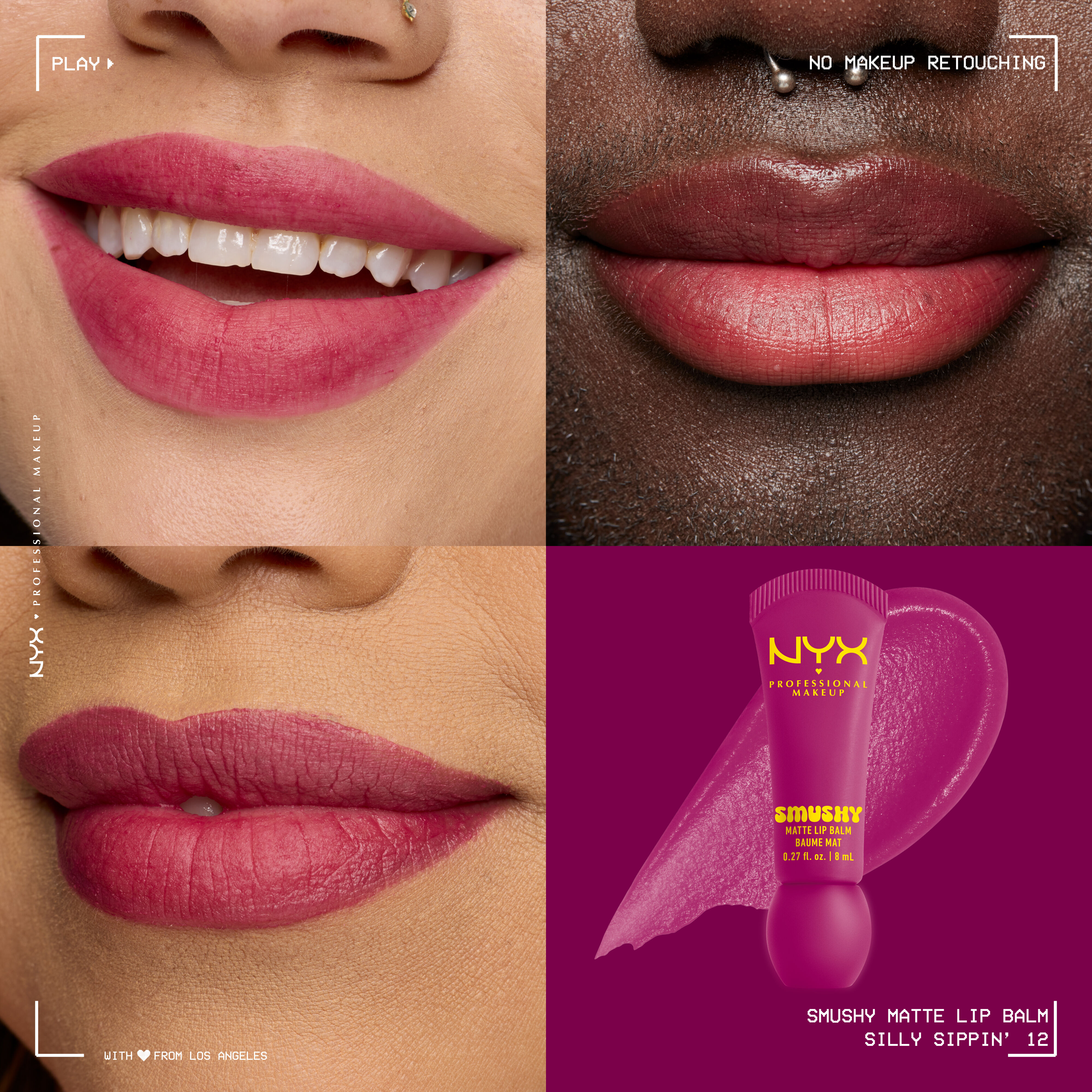 Smushy Matte Lip Balm in deep purple shade, Silly Sippin', on three different skin tones