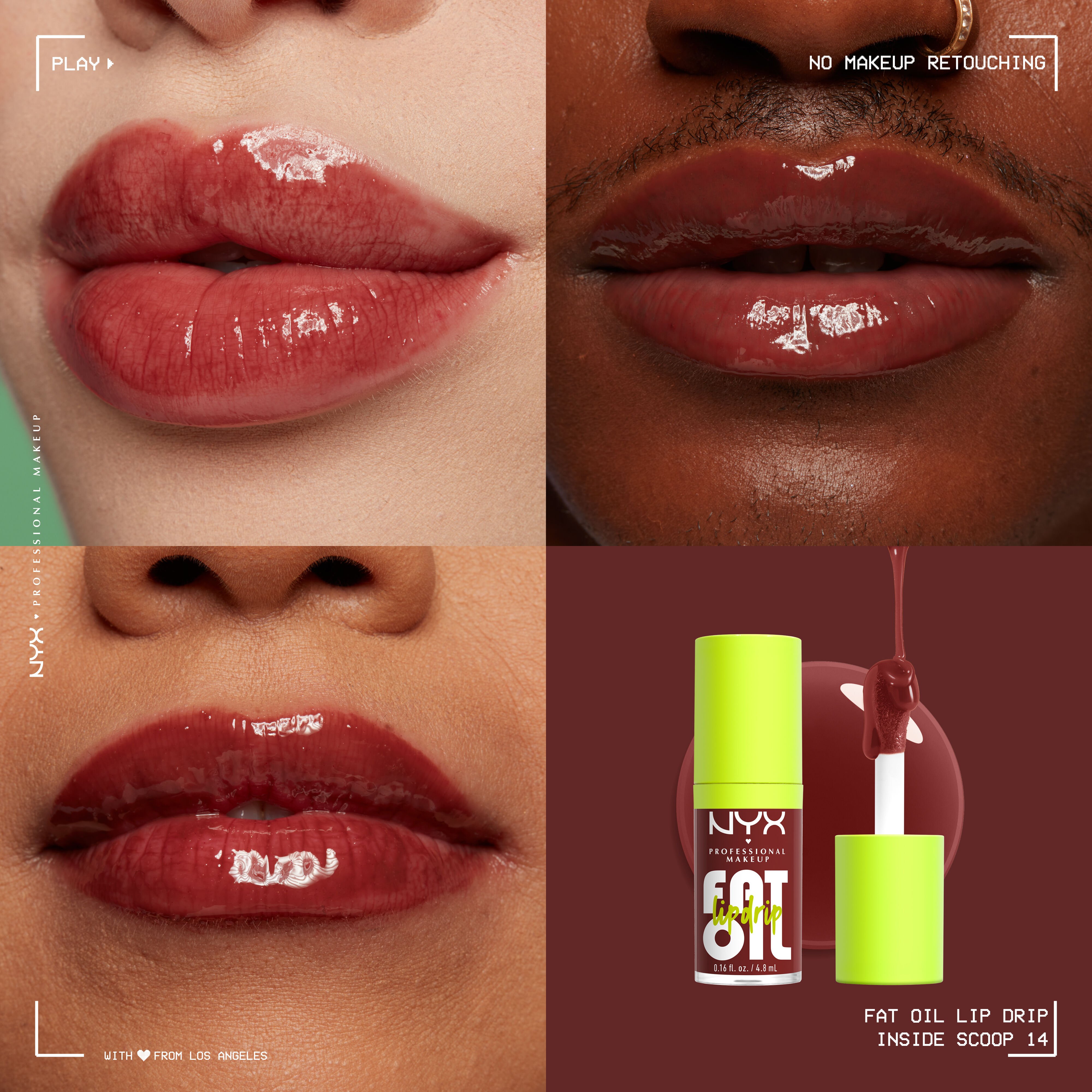 Fat Oil Lip Drip Lip Oil in shade Inside Scoop on three different skin tones